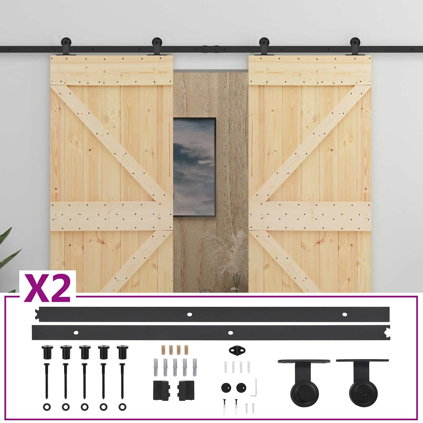 Συρόμενη Πόρτα 2 pcs Φυσικό και Μαύρο Μασίφ Ξύλο Πεύκου - Pakobazaar