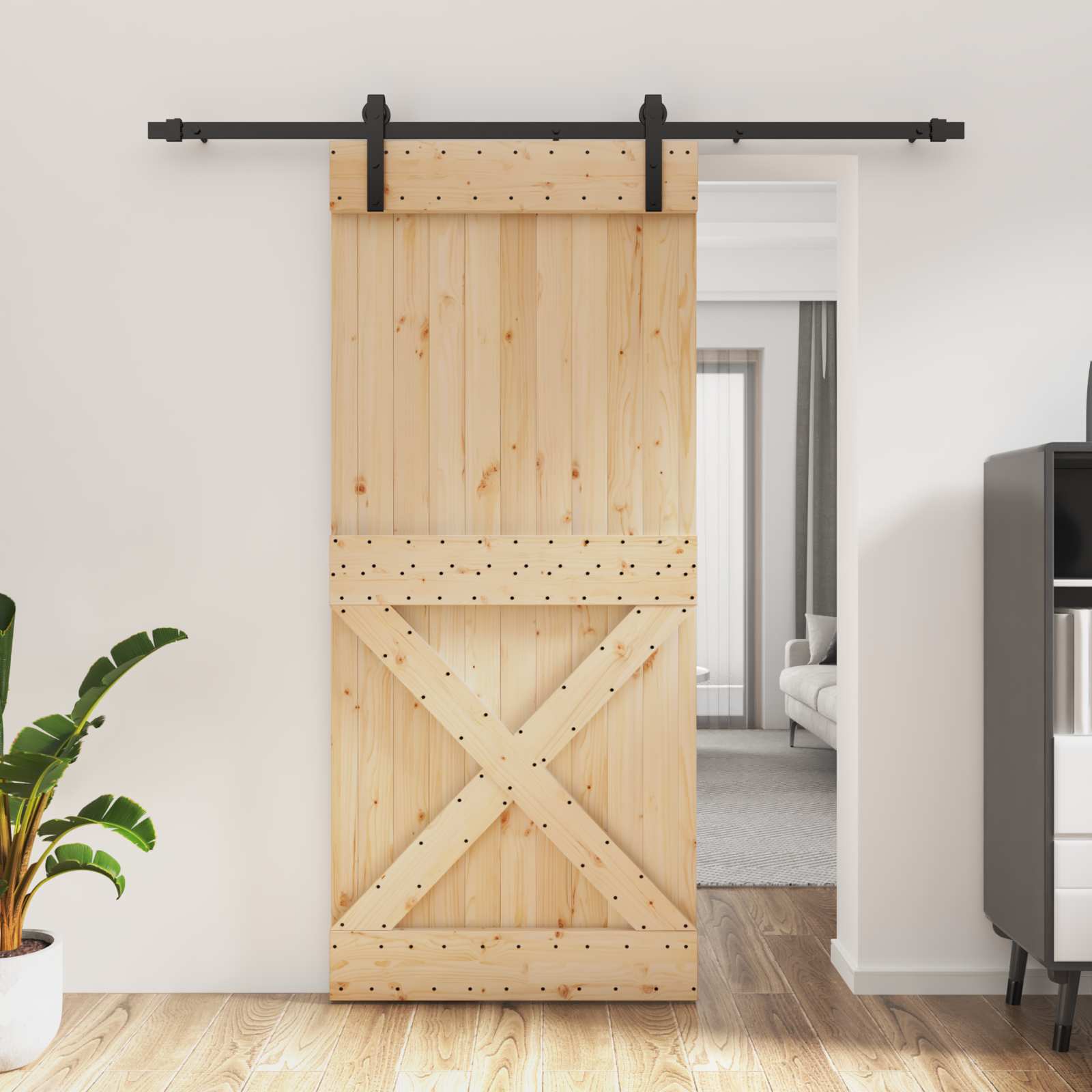 Συρόμενη Πόρτα Φυσικό και Μαύρο 90 x 210 cm - Pakobazaar