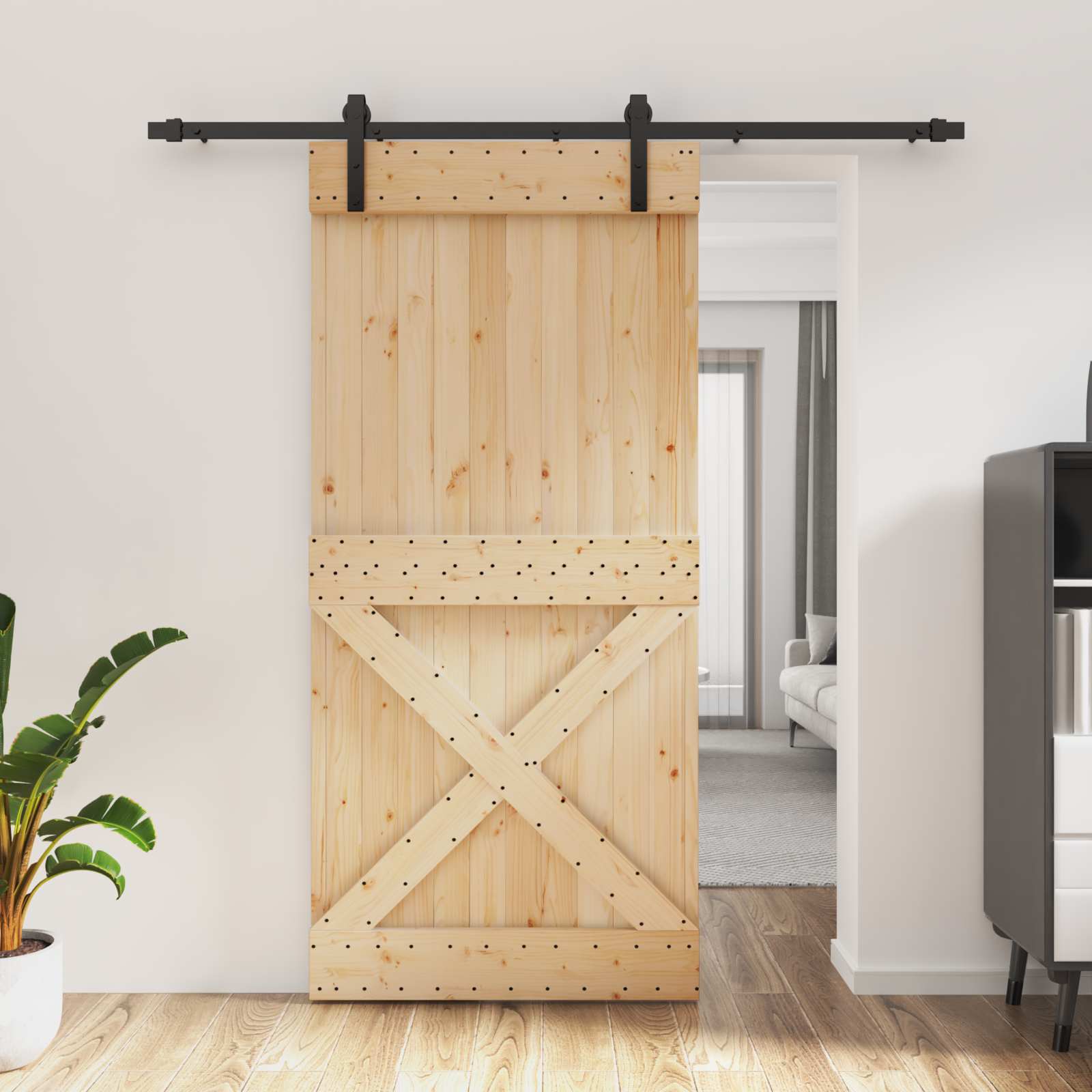 Συρόμενη Πόρτα Φυσικό και Μαύρο 95 x 210 cm - Pakobazaar