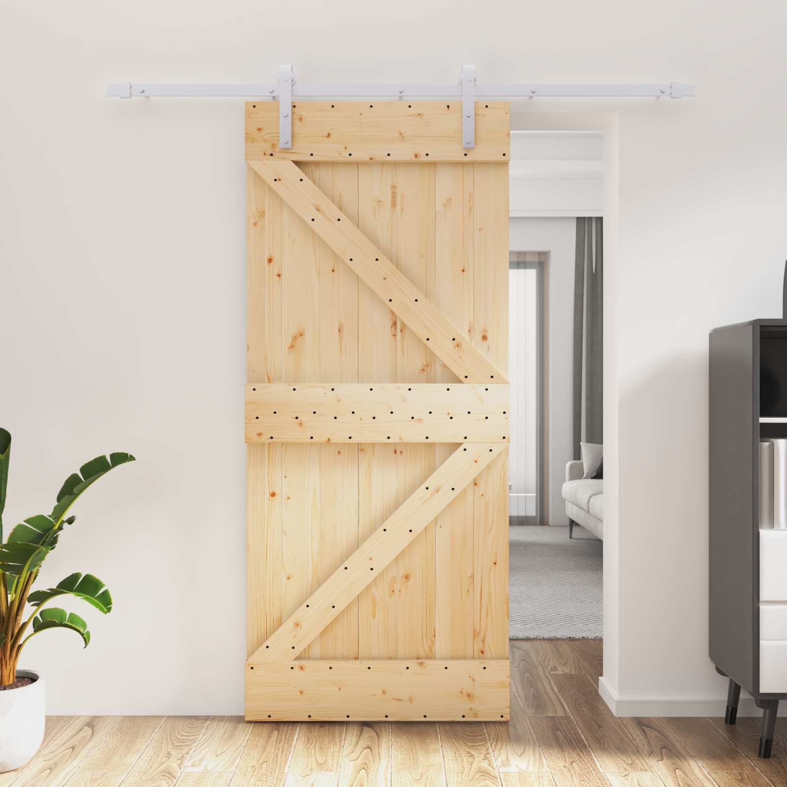 Συρόμενη Πόρτα Φυσικό και Λευκό 90 x 210 cm Μασίφ Ξύλο Πεύκου - Pakobazaar