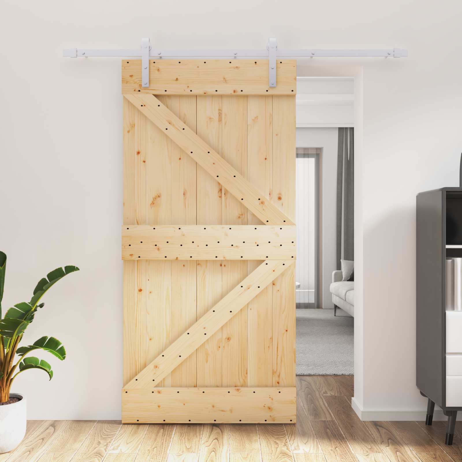 Συρόμενη Πόρτα Φυσικό και Λευκό 100 x 210 cm Μασίφ Ξύλο Πεύκου - Pakobazaar