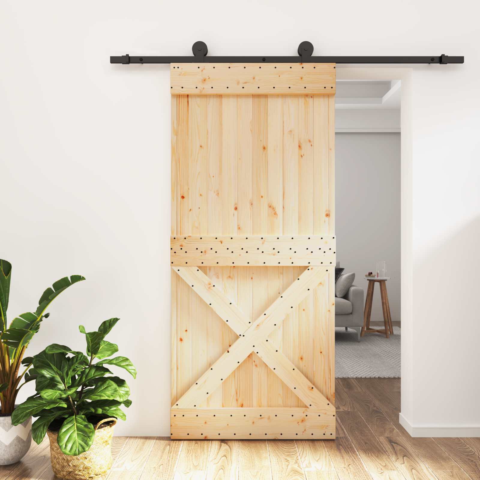 Συρόμενη Πόρτα Φυσικό και Μαύρο 95 x 210 cm - Pakobazaar