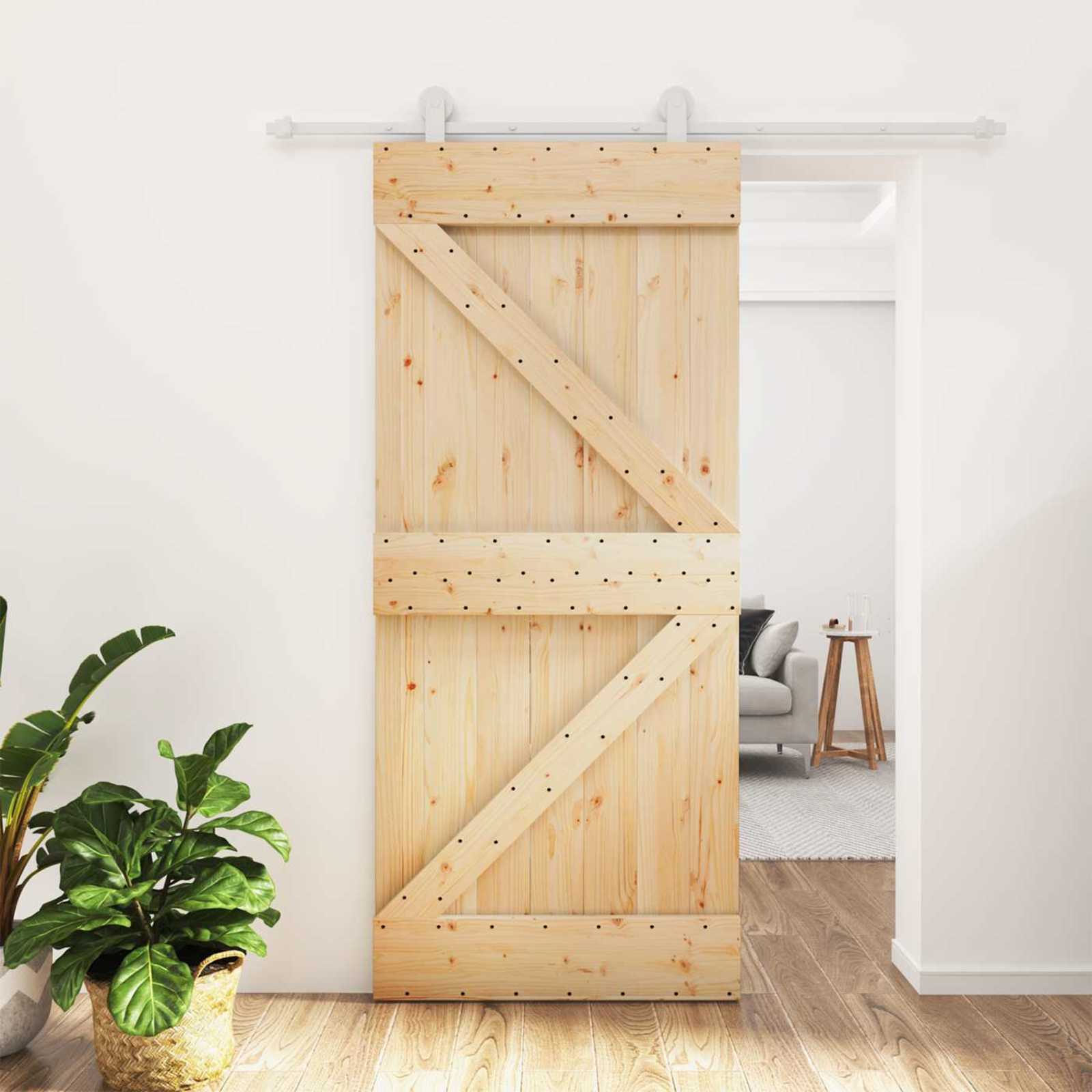 Συρόμενη Πόρτα Φυσικό και Λευκό 90 x 210 cm Μασίφ Ξύλο Πεύκου - Pakobazaar