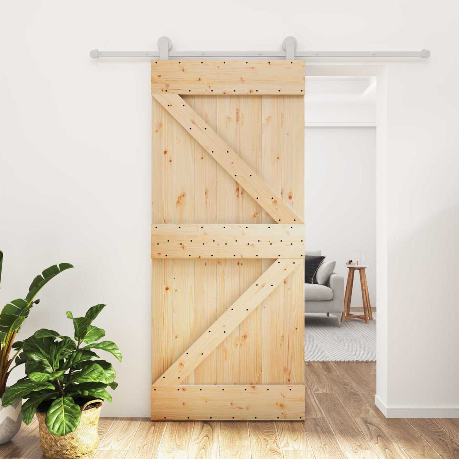 Συρόμενη Πόρτα Φυσικό και Λευκό 90 x 210 cm Μασίφ Ξύλο Πεύκου - Pakobazaar