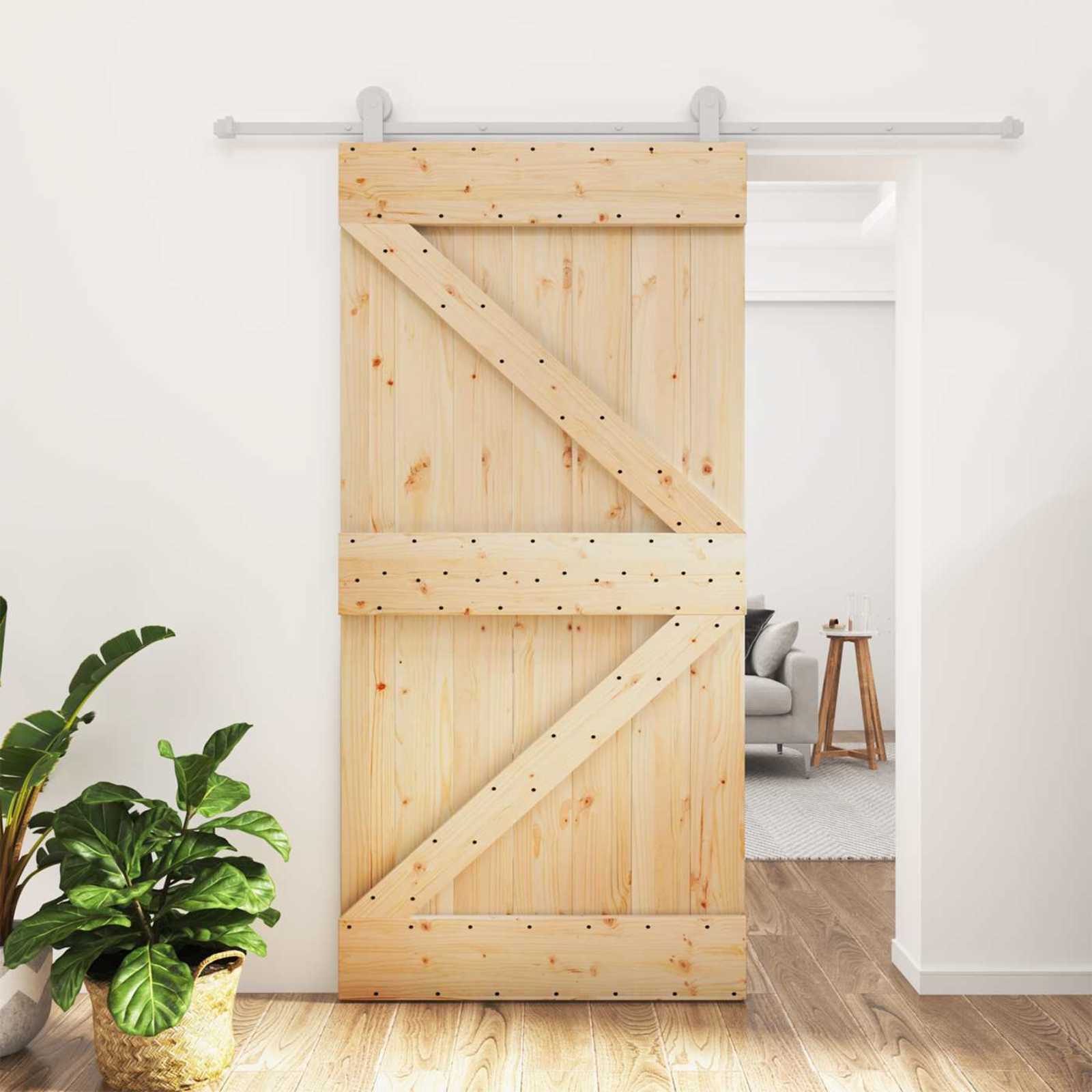 Συρόμενη Πόρτα Φυσικό και Λευκό 100 x 210 cm Μασίφ Ξύλο Πεύκου - Pakobazaar