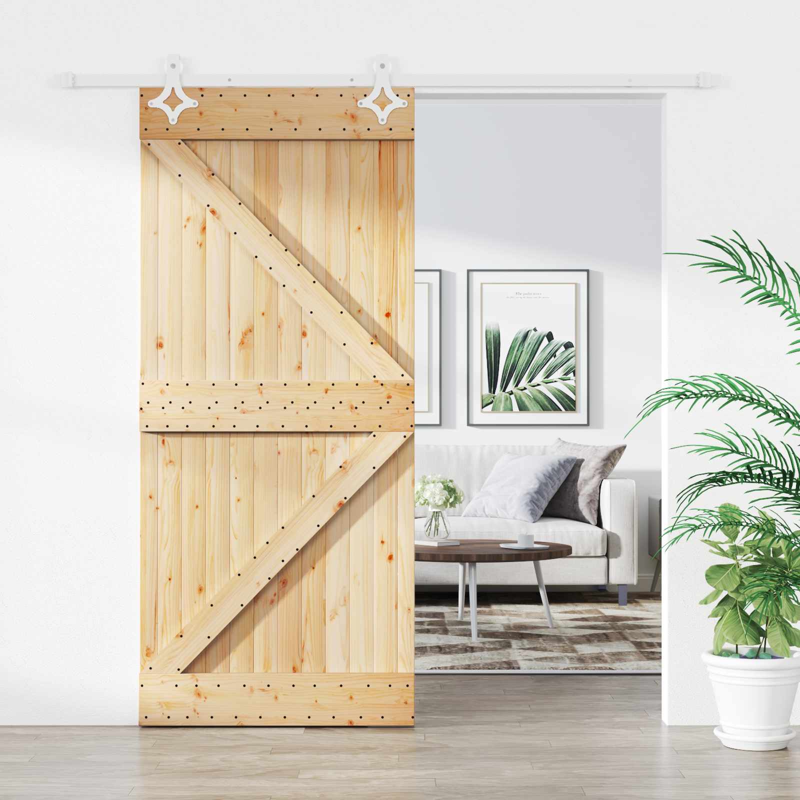 Συρόμενη Πόρτα Φυσικό και Λευκό 100 x 210 cm Μασίφ Ξύλο Πεύκου - Pakobazaar