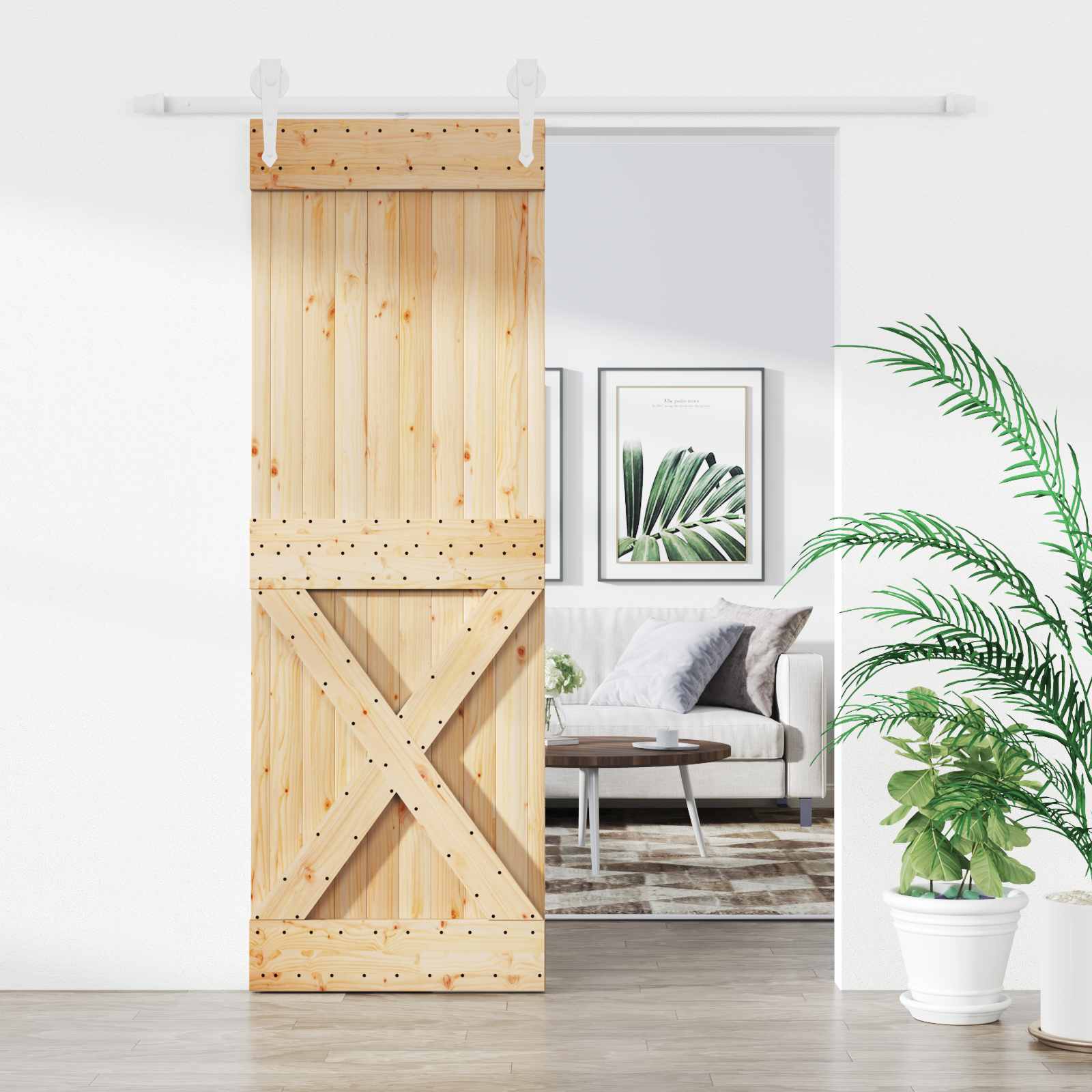 Συρόμενη Πόρτα Φυσικό και Λευκό 80 x 210 cm Μασίφ Ξύλο Πεύκου - Pakobazaar