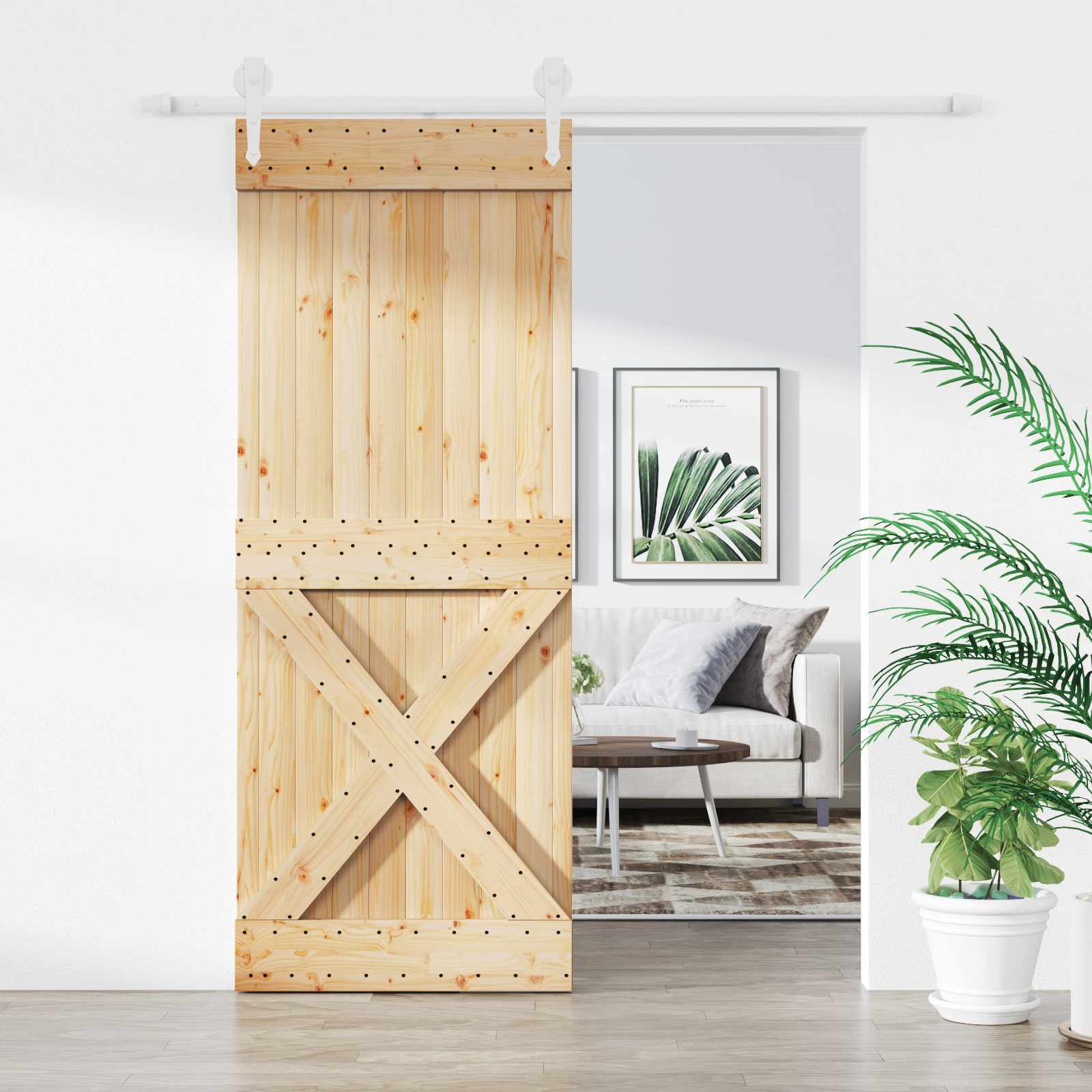 Συρόμενη Πόρτα Φυσικό και Λευκό 90 x 210 cm Μασίφ Ξύλο Πεύκου - Pakobazaar