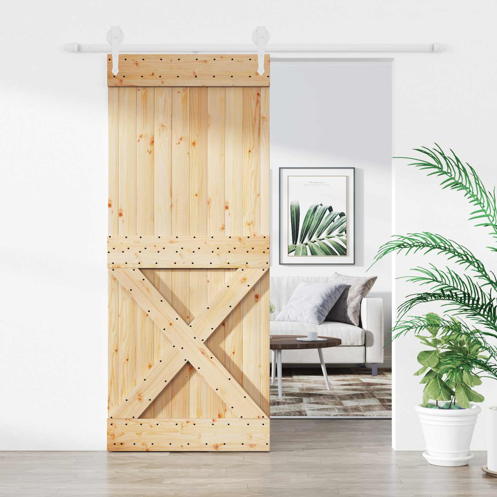 Συρόμενη Πόρτα Φυσικό και Λευκό 100 x 210 cm Μασίφ Ξύλο Πεύκου - Pakobazaar