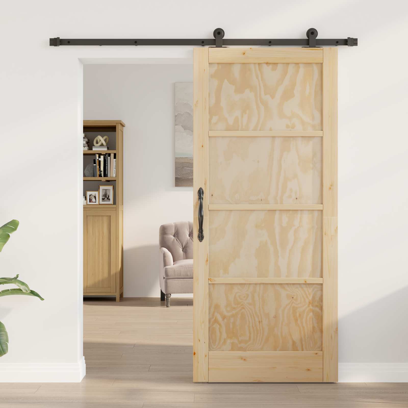 Συρόμενη Πόρτα Φυσικό και Μαύρο 86 x 198,5 cm Μασίφ Ξύλο Πεύκου - Pakobazaar