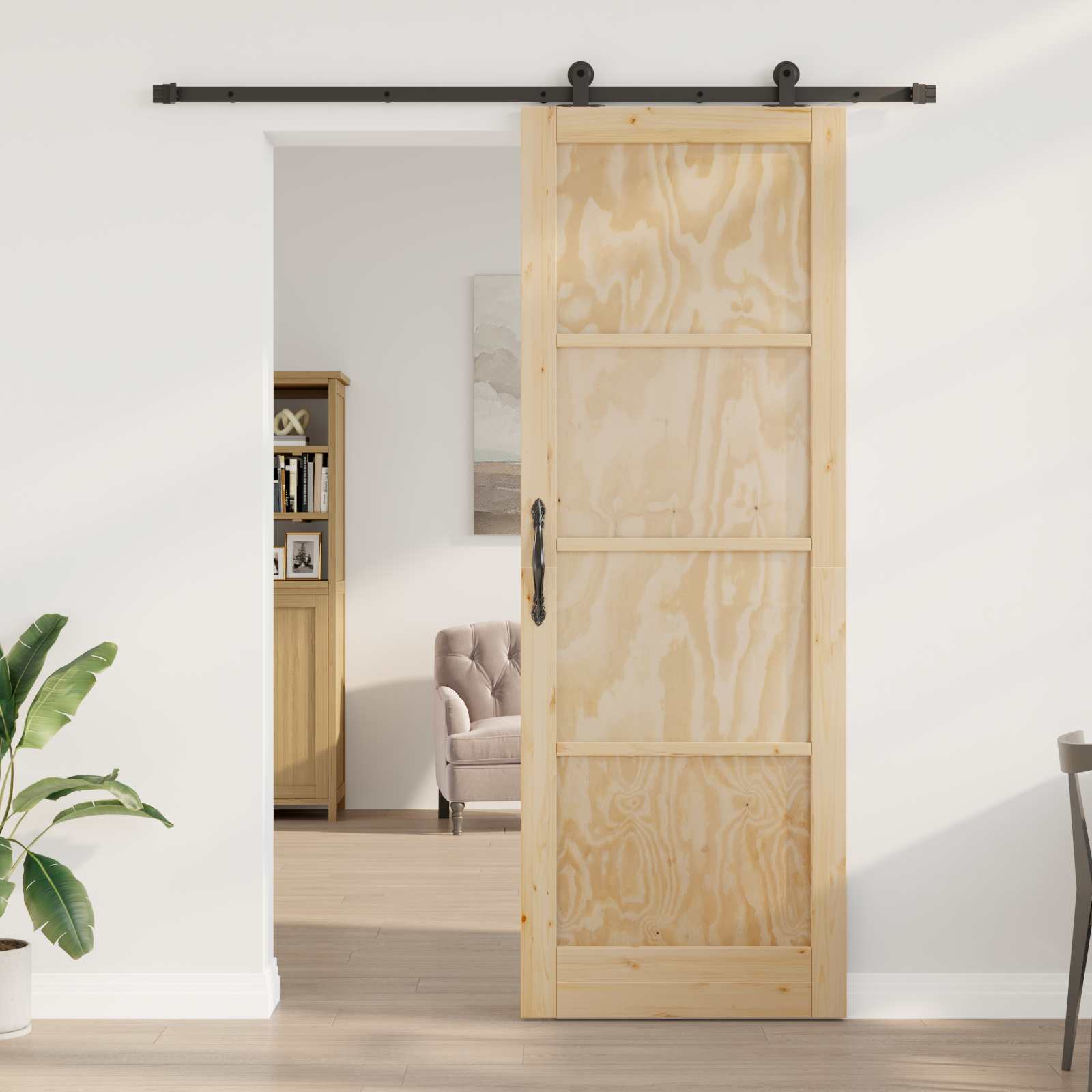 Συρόμενη Πόρτα Φυσικό και Μαύρο 83 x 232 εκ. Μασίφ Ξύλο Πεύκου - Pakobazaar