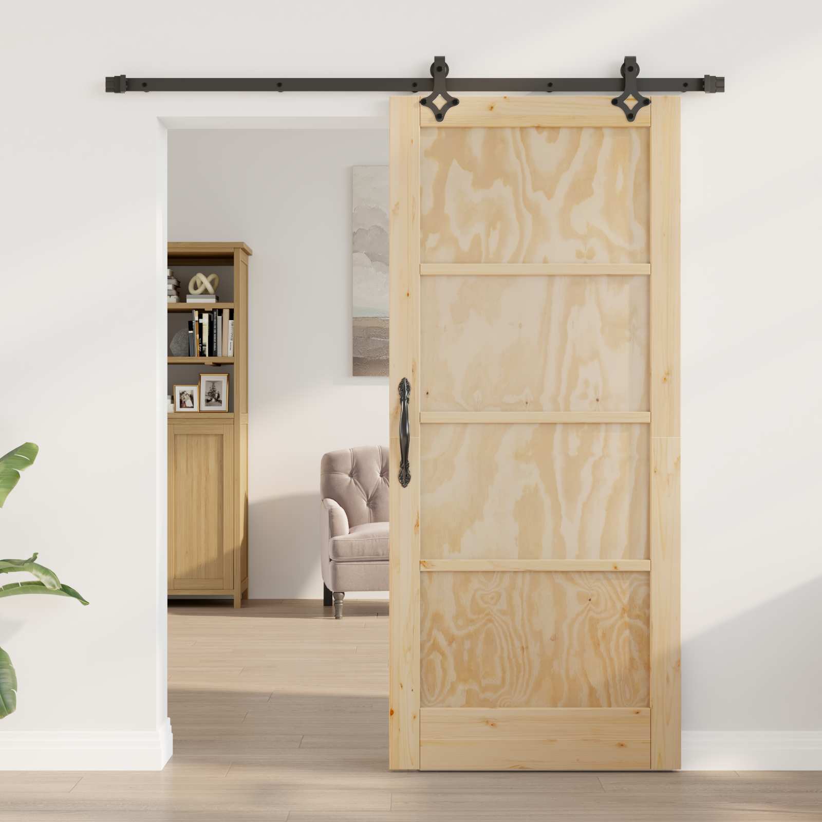 Συρόμενη Πόρτα Φυσικό και Μαύρο 86 x 198,5 cm Μασίφ Ξύλο Πεύκου - Pakobazaar