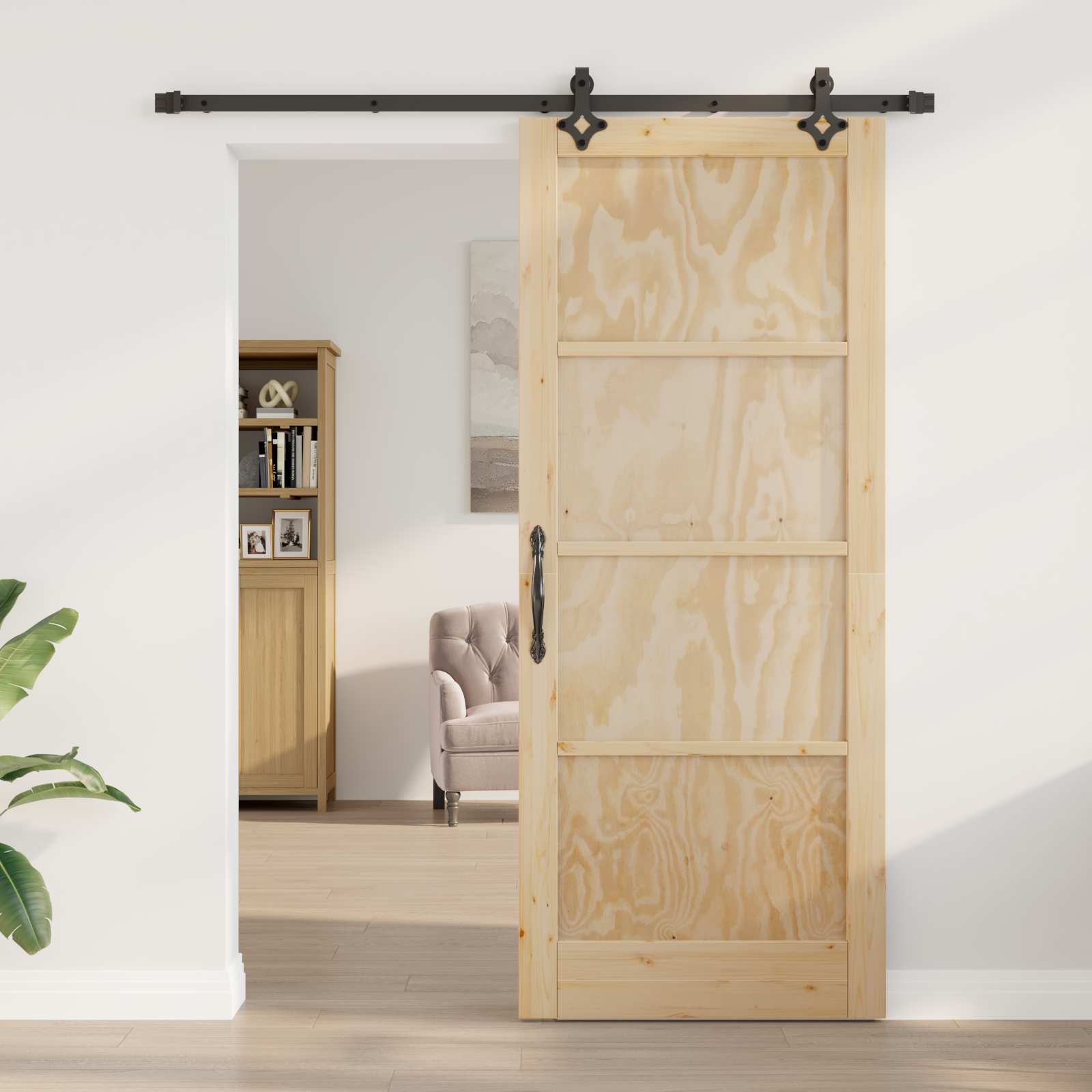 Συρόμενη Πόρτα Φυσικό και Μαύρο 86 x 211 cm Μασίφ Ξύλο Πεύκου - Pakobazaar