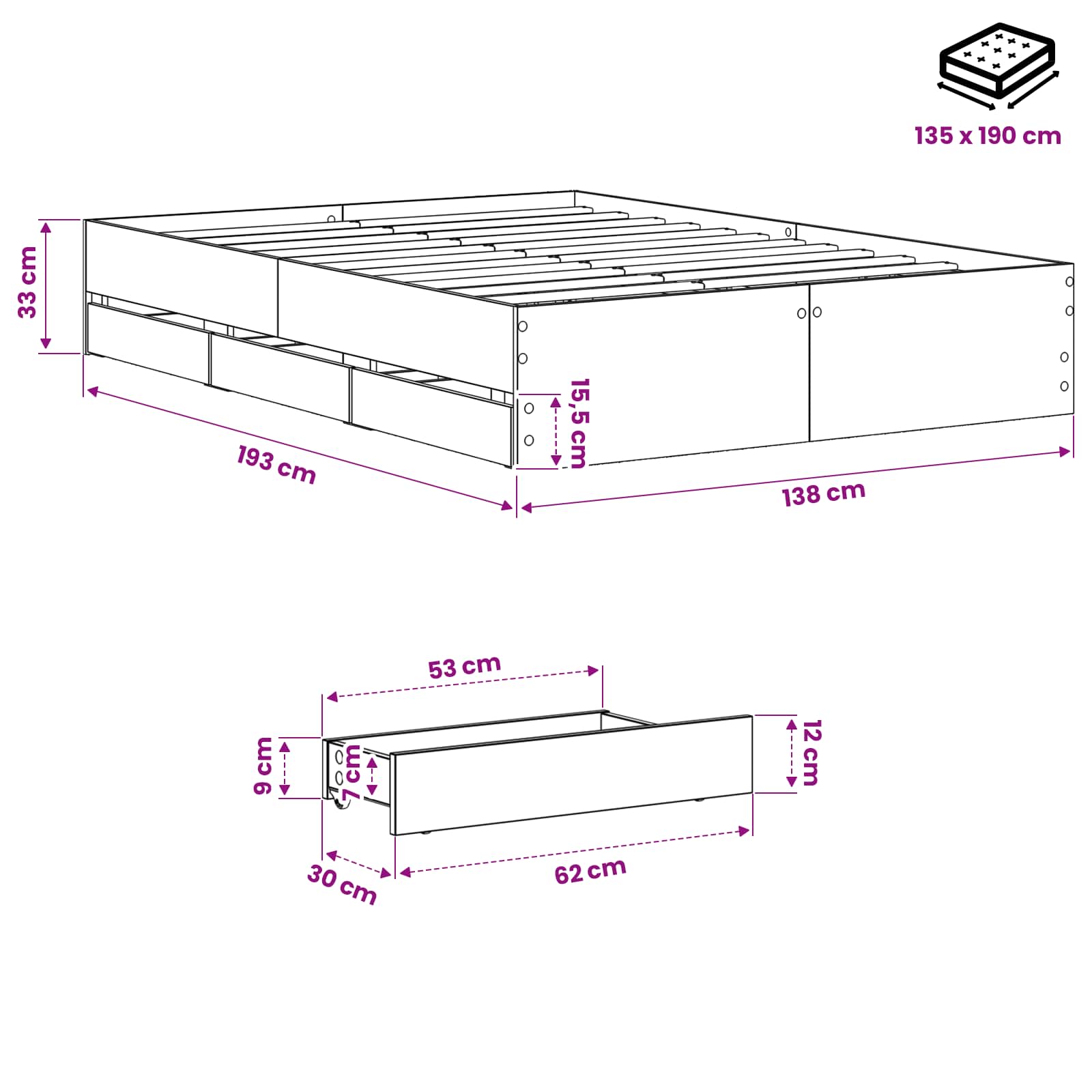 Σκελετός κρεβατιού με αποθήκευση Artisan Δρυς 135 x 190 cm - Pakobazaar