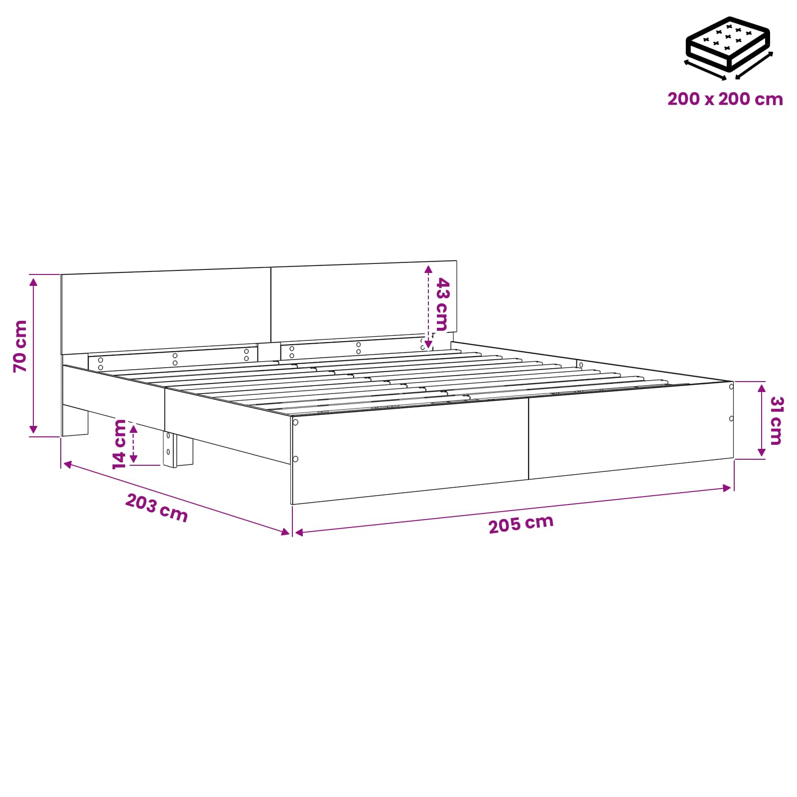 Κρεβάτι με Κεφαλάρι Παλαιωμένο ξύλο 200 x 200 cm