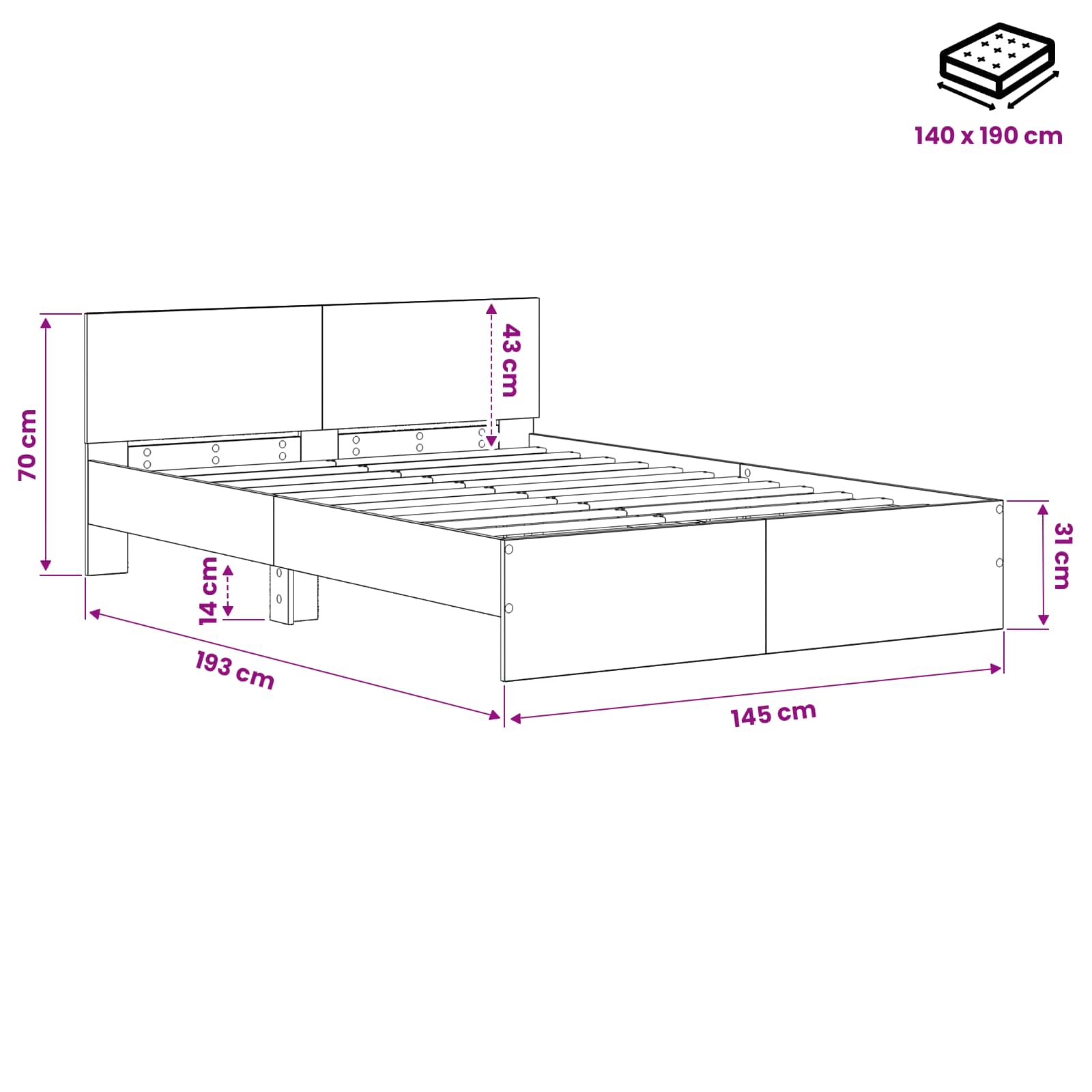 Κρεβάτι με Κεφαλάρι Μαύρη Δρυς 140 x 190 cm Επεξεργασμένο ξύλο - Pakobazaar