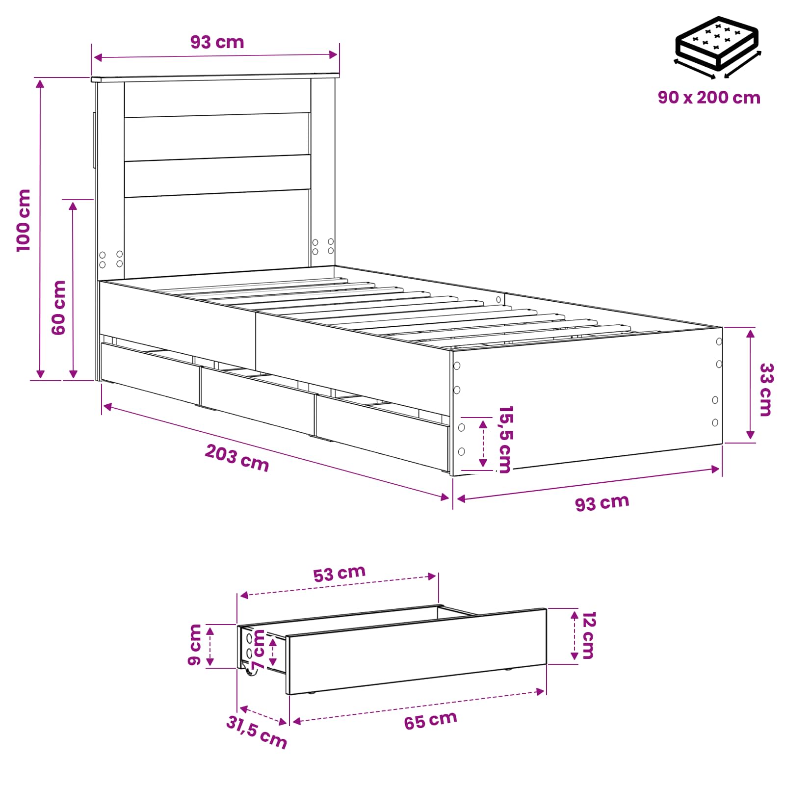 Bed Frame with Storage and Headboard Artisan Oak 90 x 200 cm