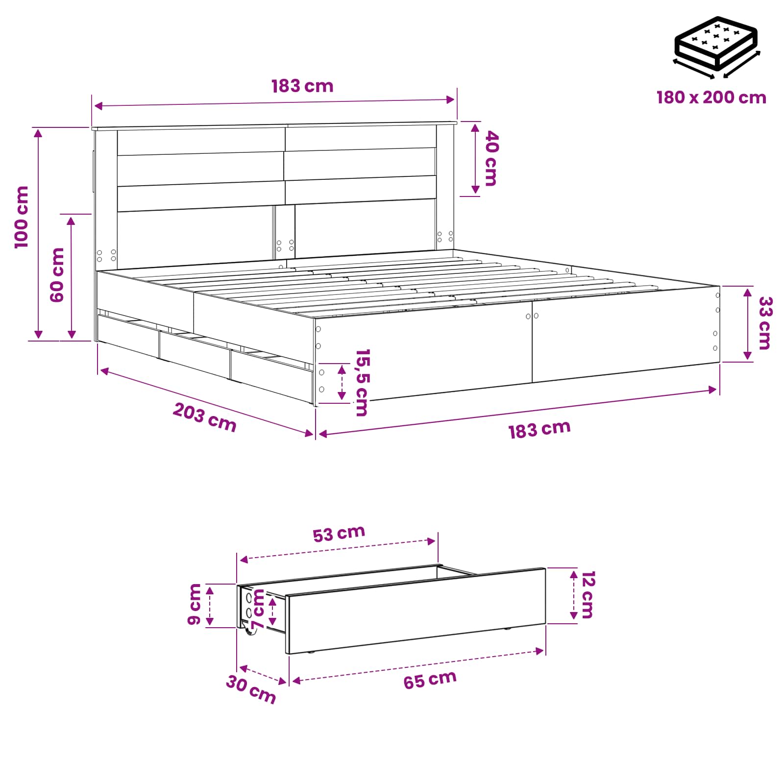 Bed Frame with Storage and Headboard Artisan Oak 180 x 200 cm