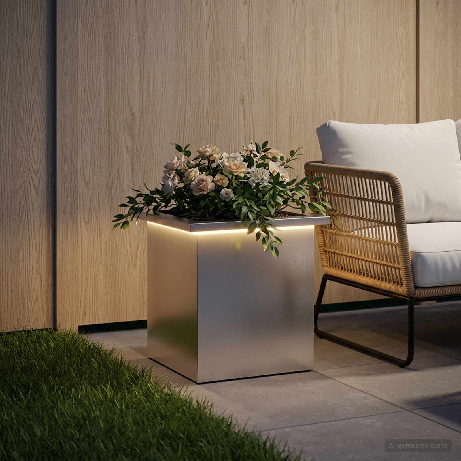Ζαρντινιέρα κήπου με LED Ασημί 30 x 30 x 30 cm