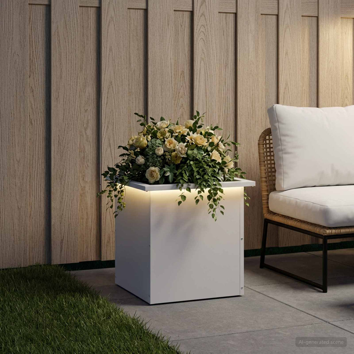 Ζαρντινιέρα κήπου με LED Λευκό 40 x 40 x 40 cm Ατσάλι