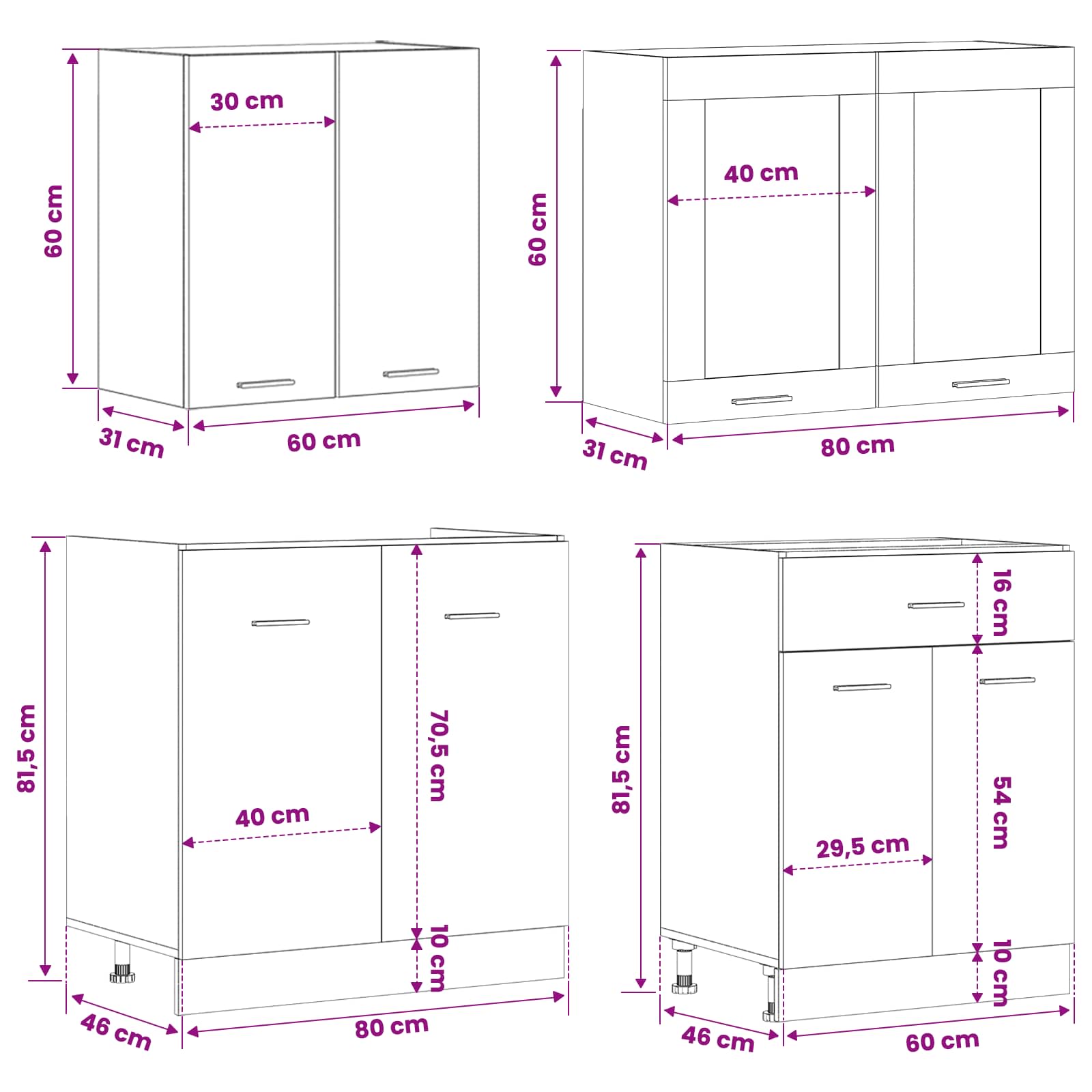 Μονάδα κουζίνας Lyon 4 pcs Μαύρη Δρυς Επεξεργασμένο Ξύλο - Pakobazaar
