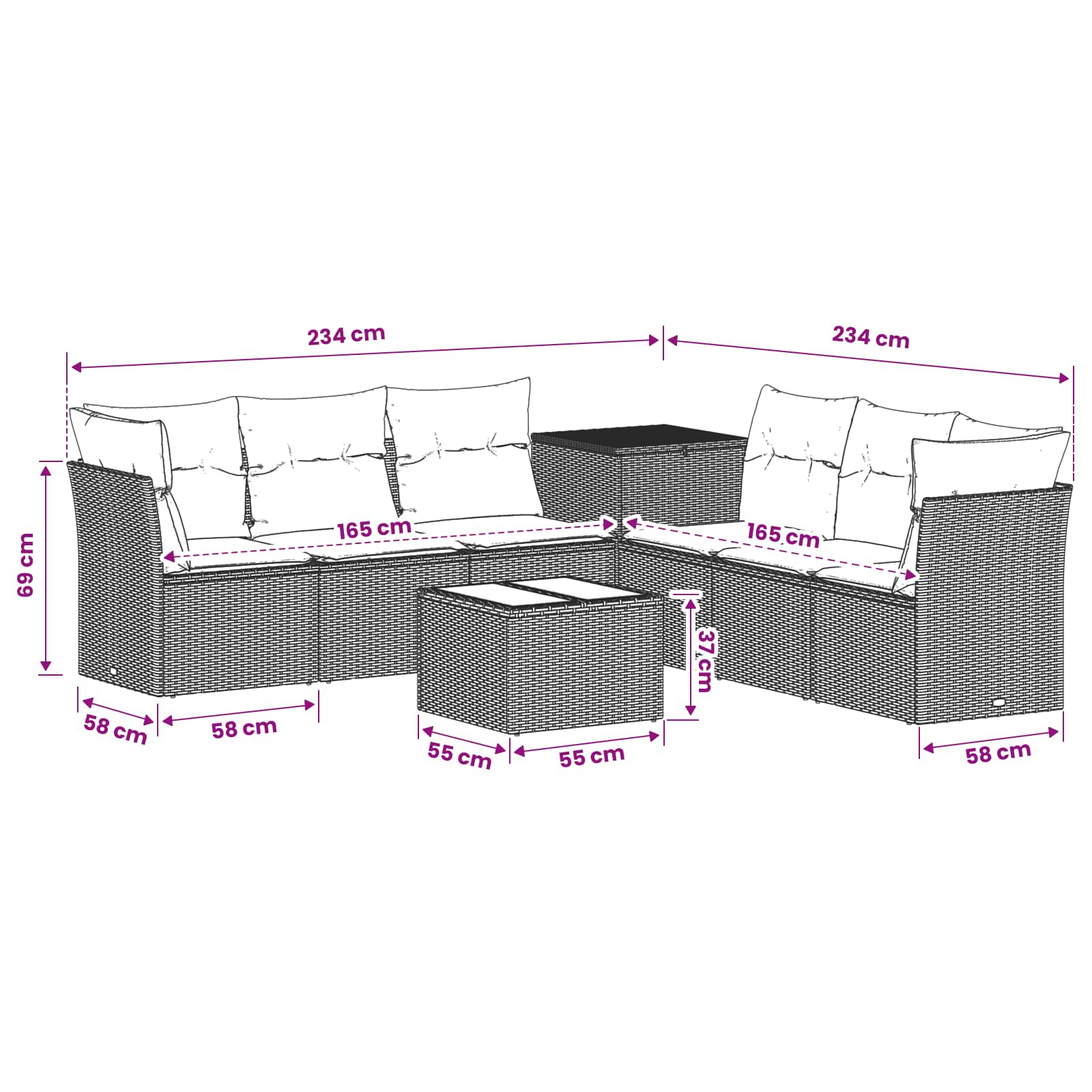 Σετ Καναπέ 8 τμχ. Μαύρο Πολυ-ρακί και Χάλυβας