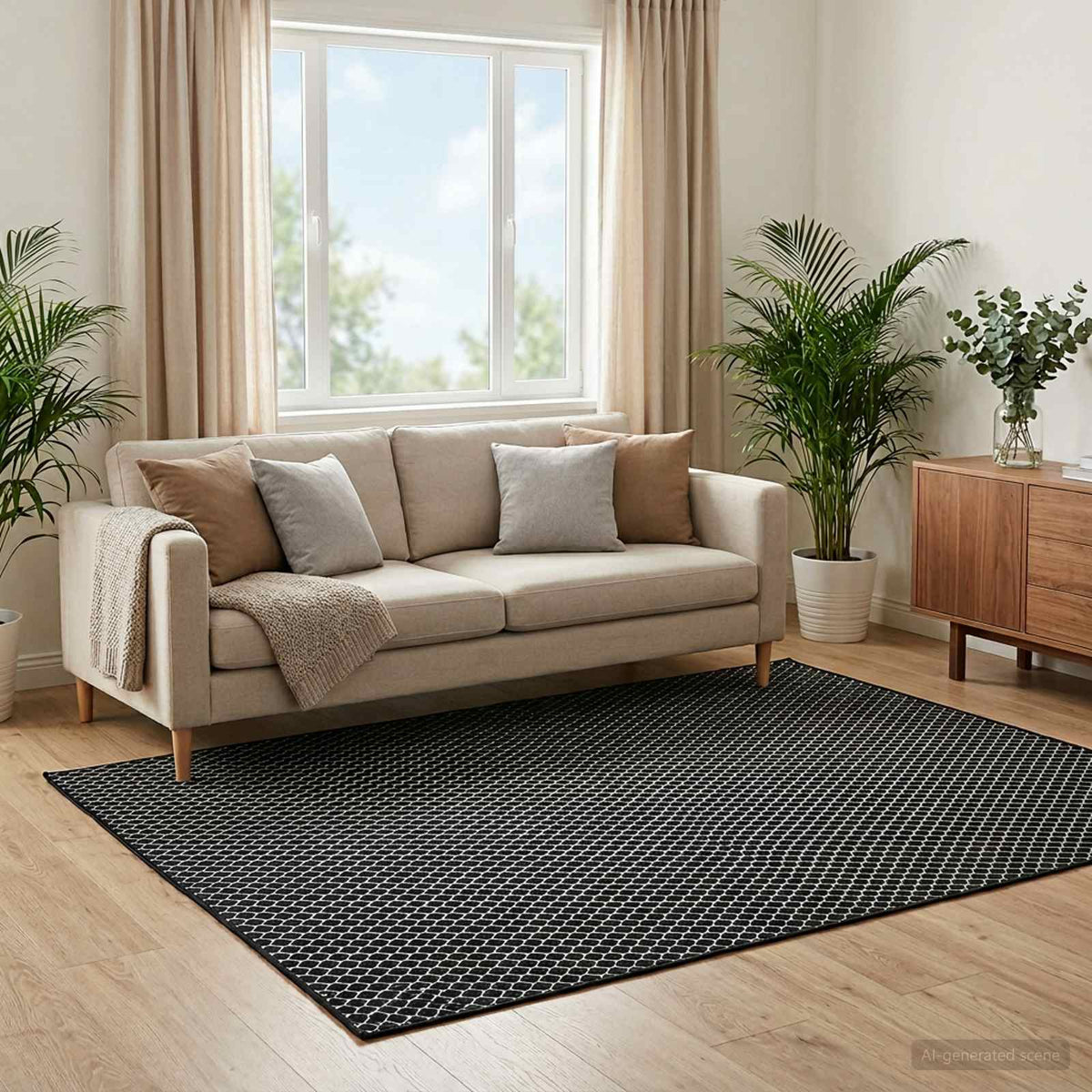 Χαλί ORIZ Μαύρο δικτυωτό σχέδιο 240 x 340 cm 100% Πολυεστέρας - Pakobazaar
