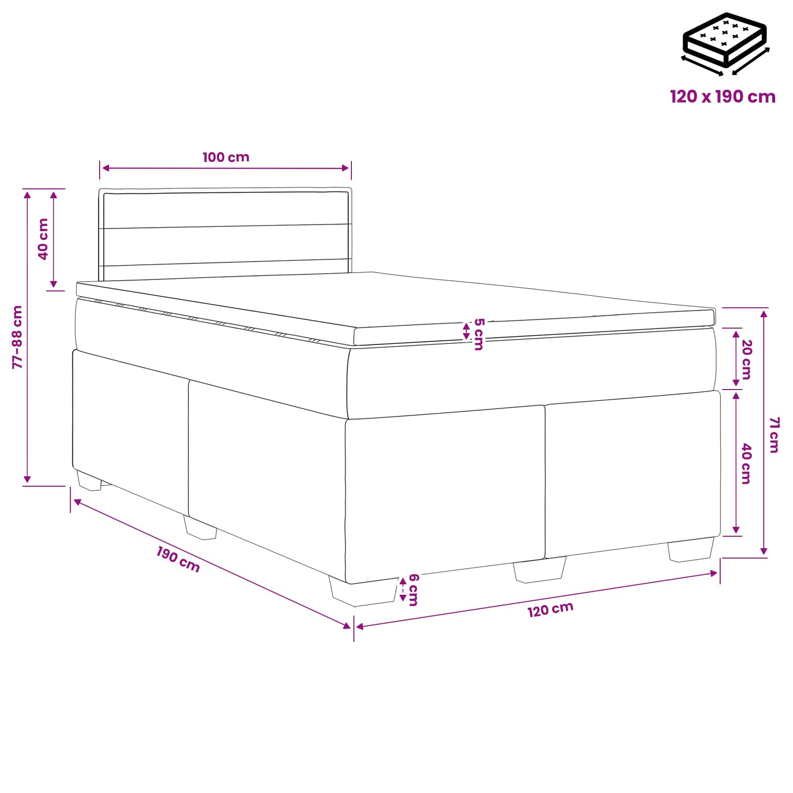 Κρεβάτι box spring με στρώμα Σκούρο Γκρι 120 x 190 cm Ύφασμα - Pakobazaar