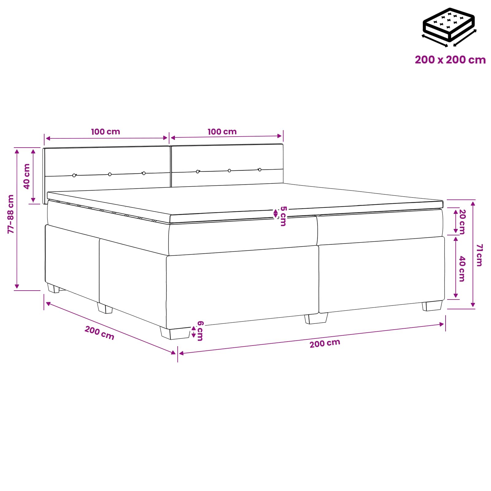Κρεβάτι box spring με στρώμα Σκούρο Γκρι 200 x 200 cm Ύφασμα - Pakobazaar