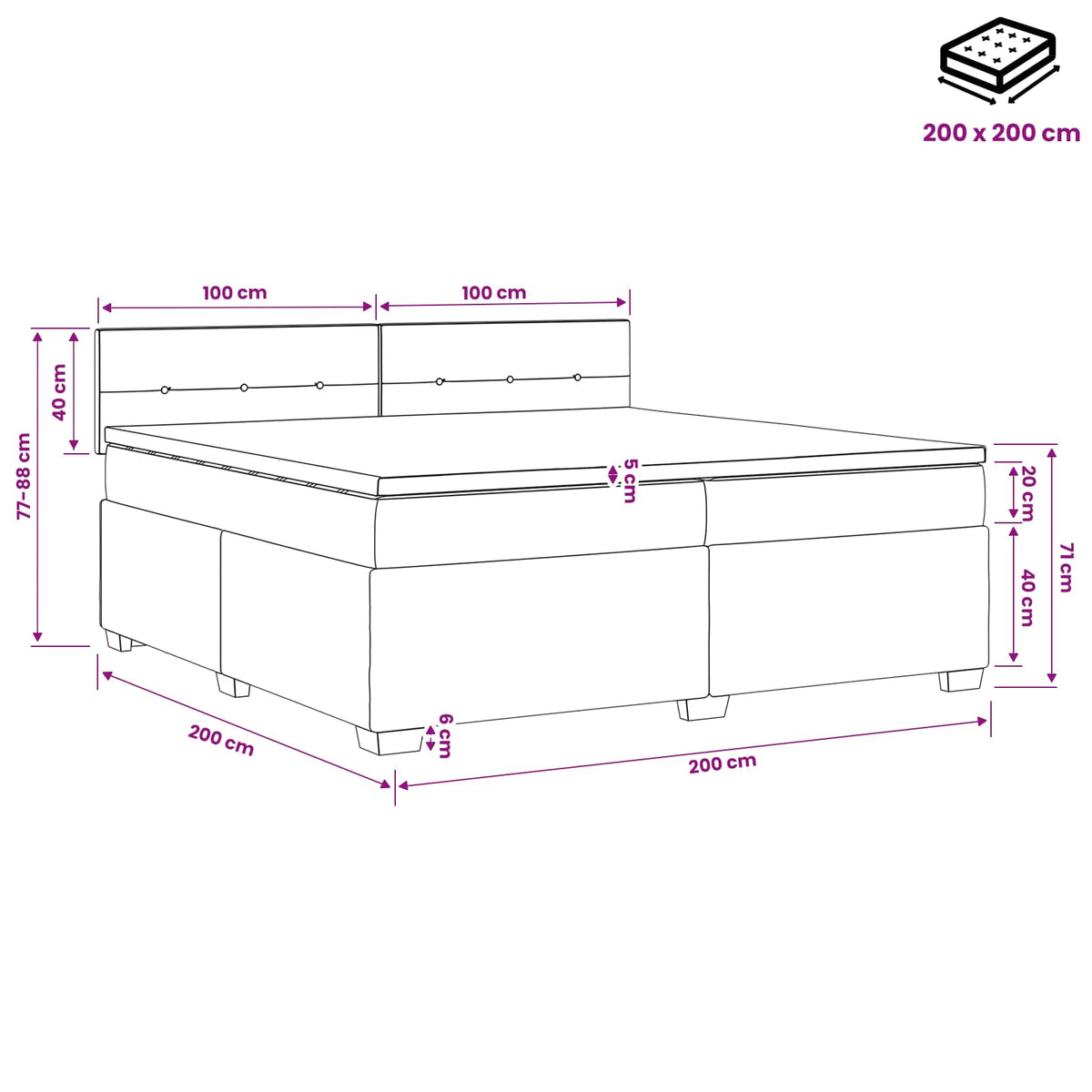 Κρεβάτι box spring με στρώμα Μαύρο 200 x 200 cm Ύφασμα - Pakobazaar