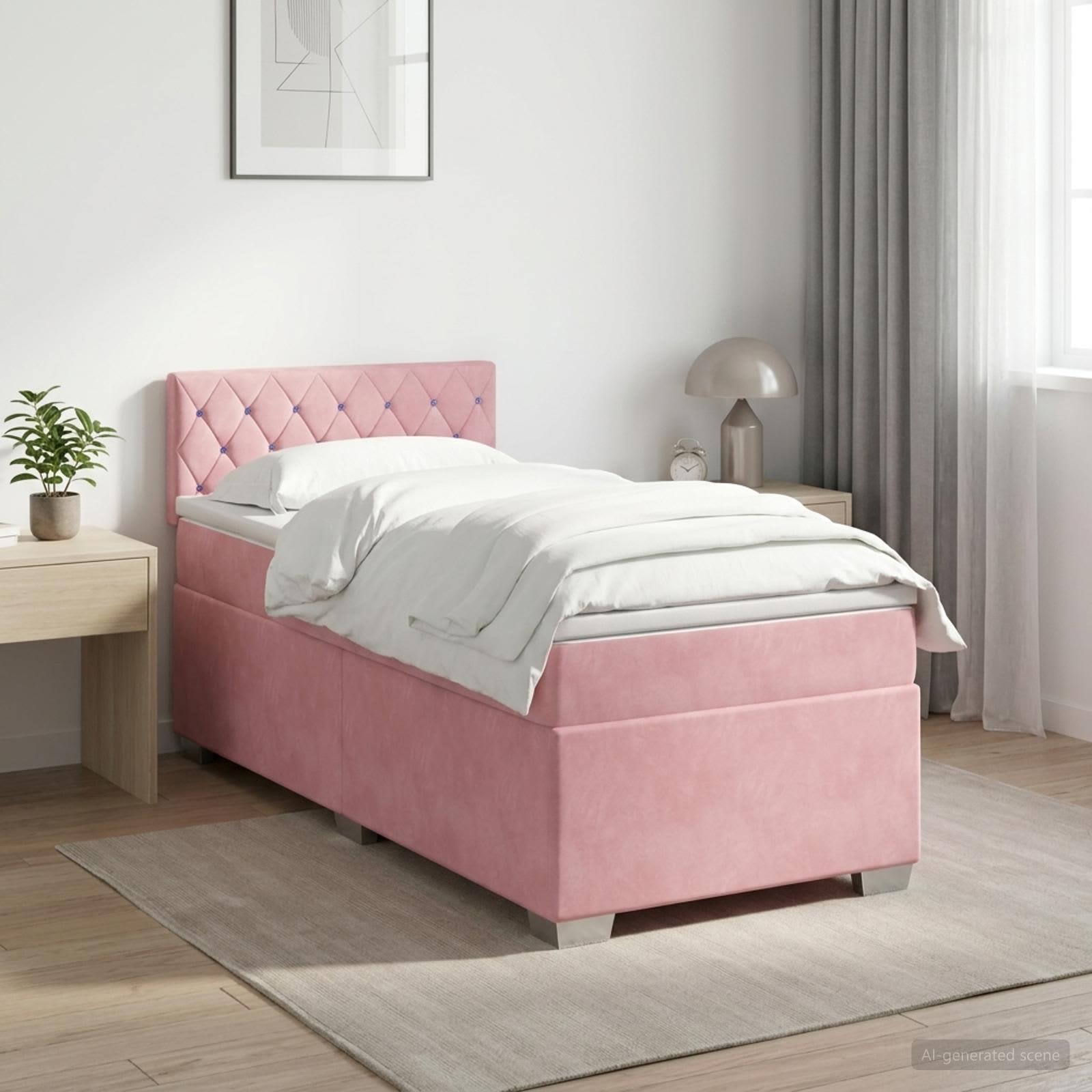 Κρεβάτι box spring με στρώμα Ροζ 100 x 200 cm Βελούδο - Pakobazaar