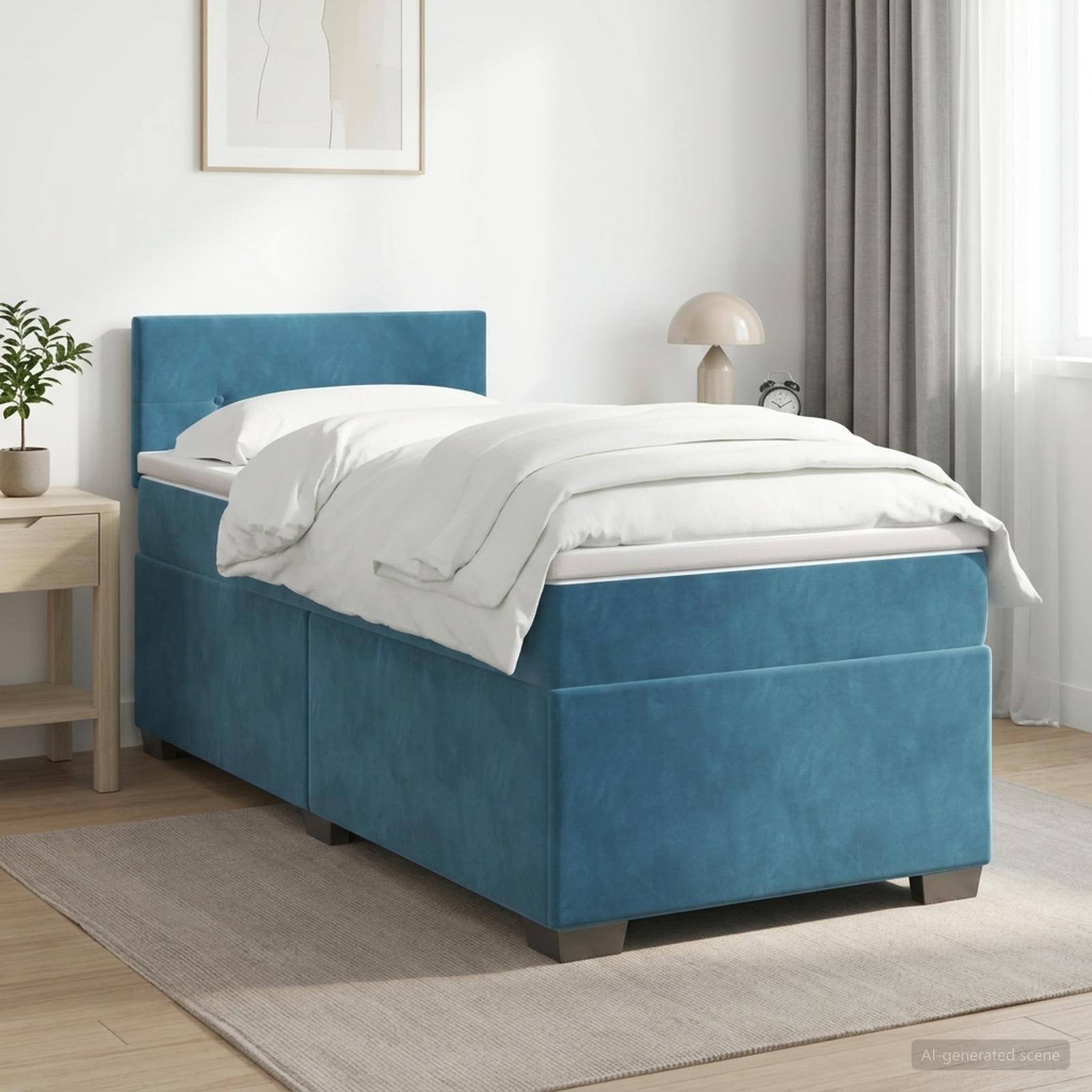 Κρεβάτι box spring με στρώμα Σκούρο Μπλε 100 x 200 cm Βελούδο - Pakobazaar