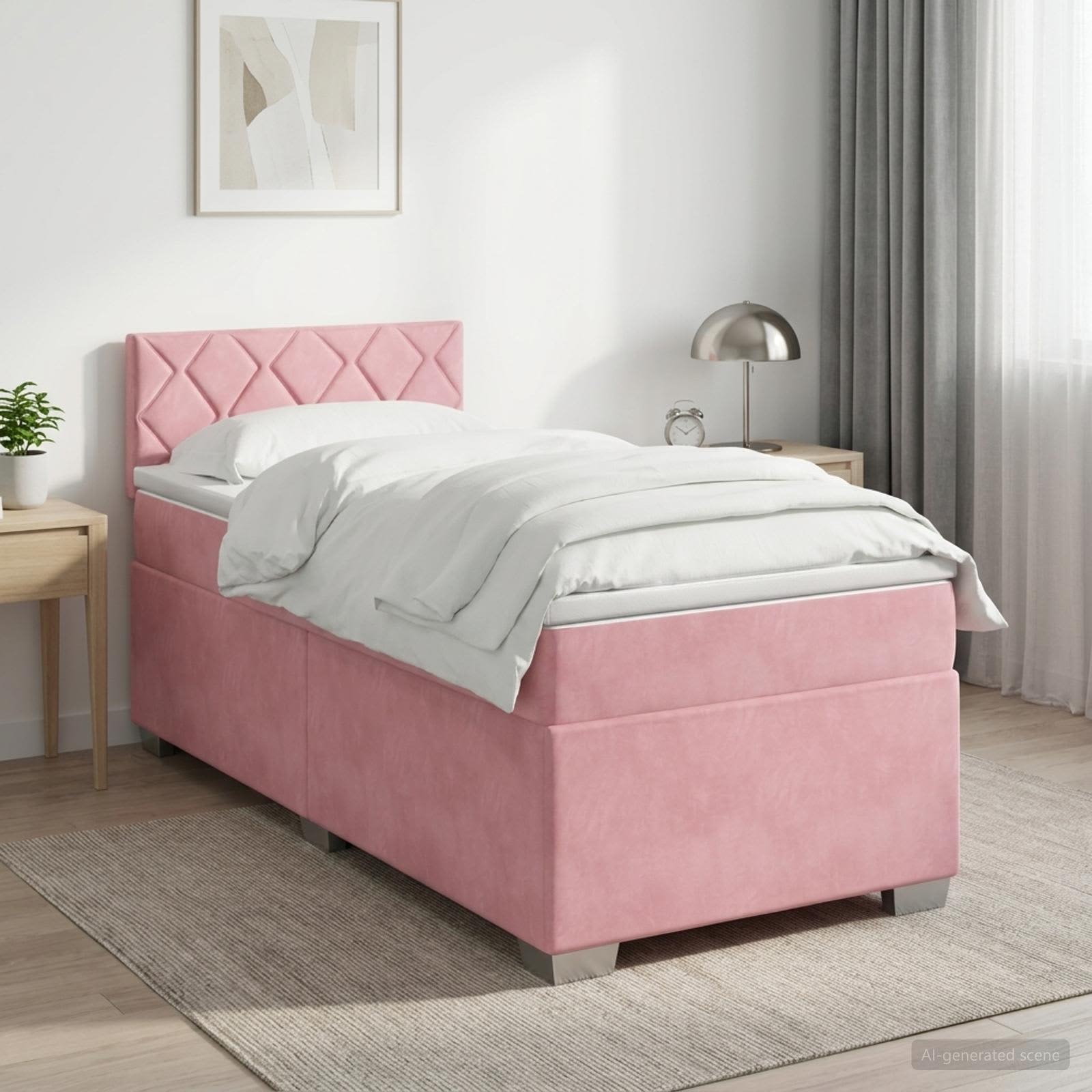 Κρεβάτι box spring με στρώμα Ροζ 90 x 200 cm Βελούδο - Pakobazaar