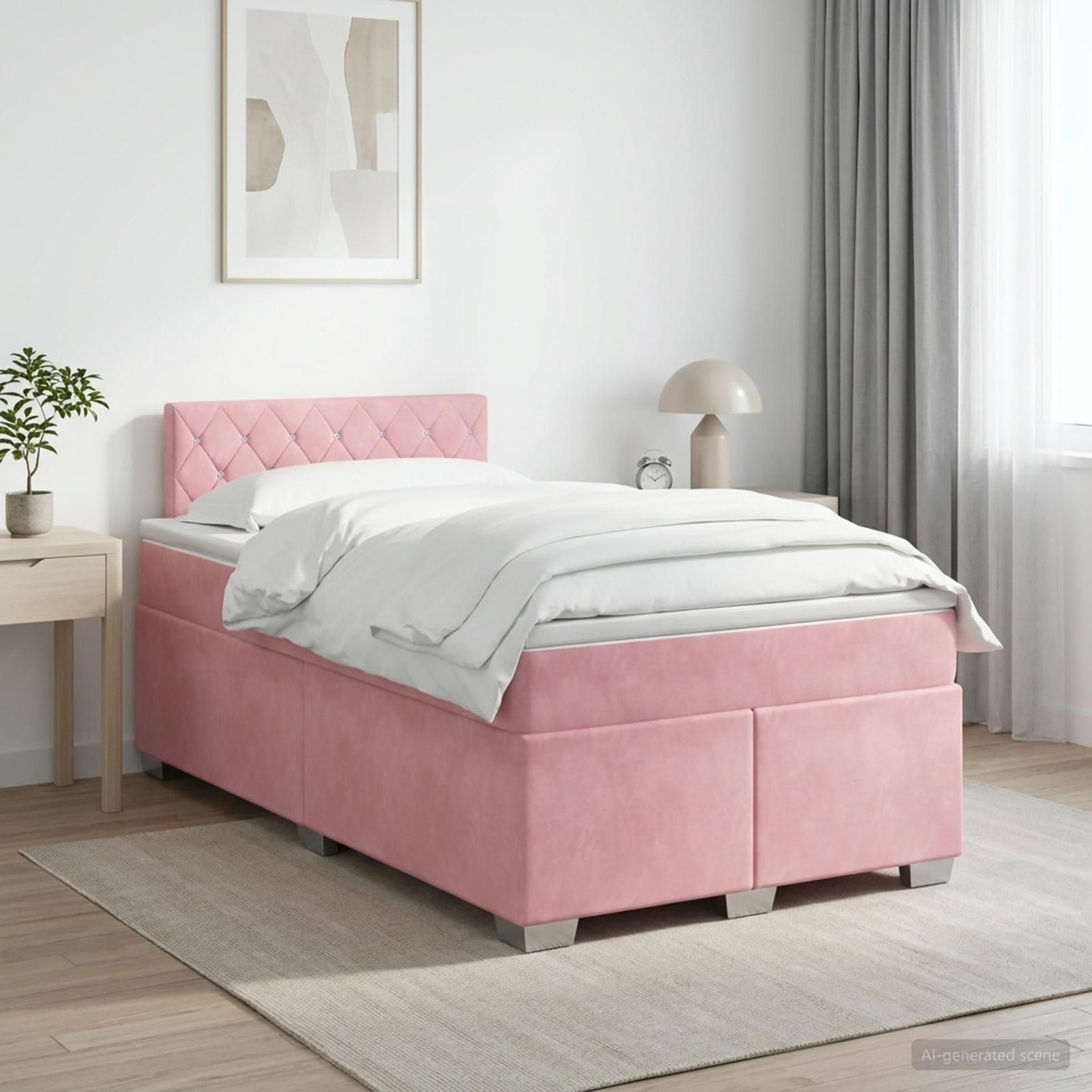 Κρεβάτι box spring με στρώμα Ροζ 120 x 200 cm Βελούδο - Pakobazaar
