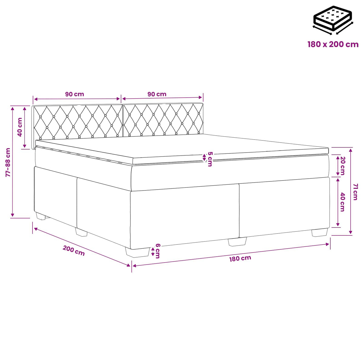 Κρεβάτι box spring με στρώμα Μαύρο 180 x 200 cm Βελούδο - Pakobazaar