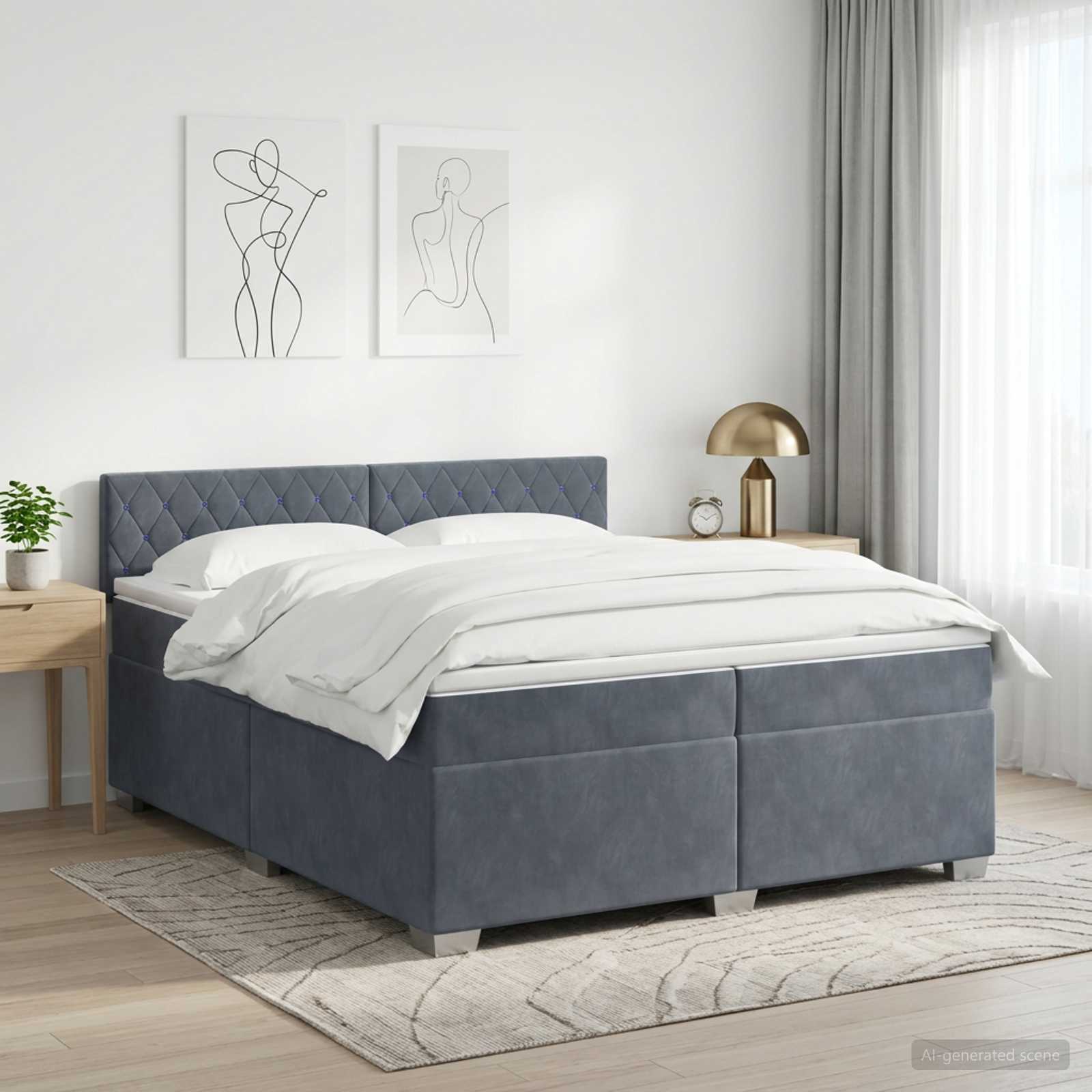 Κρεβάτι box spring με στρώμα Σκούρο Γκρι 200 x 200 cm Βελούδο - Pakobazaar