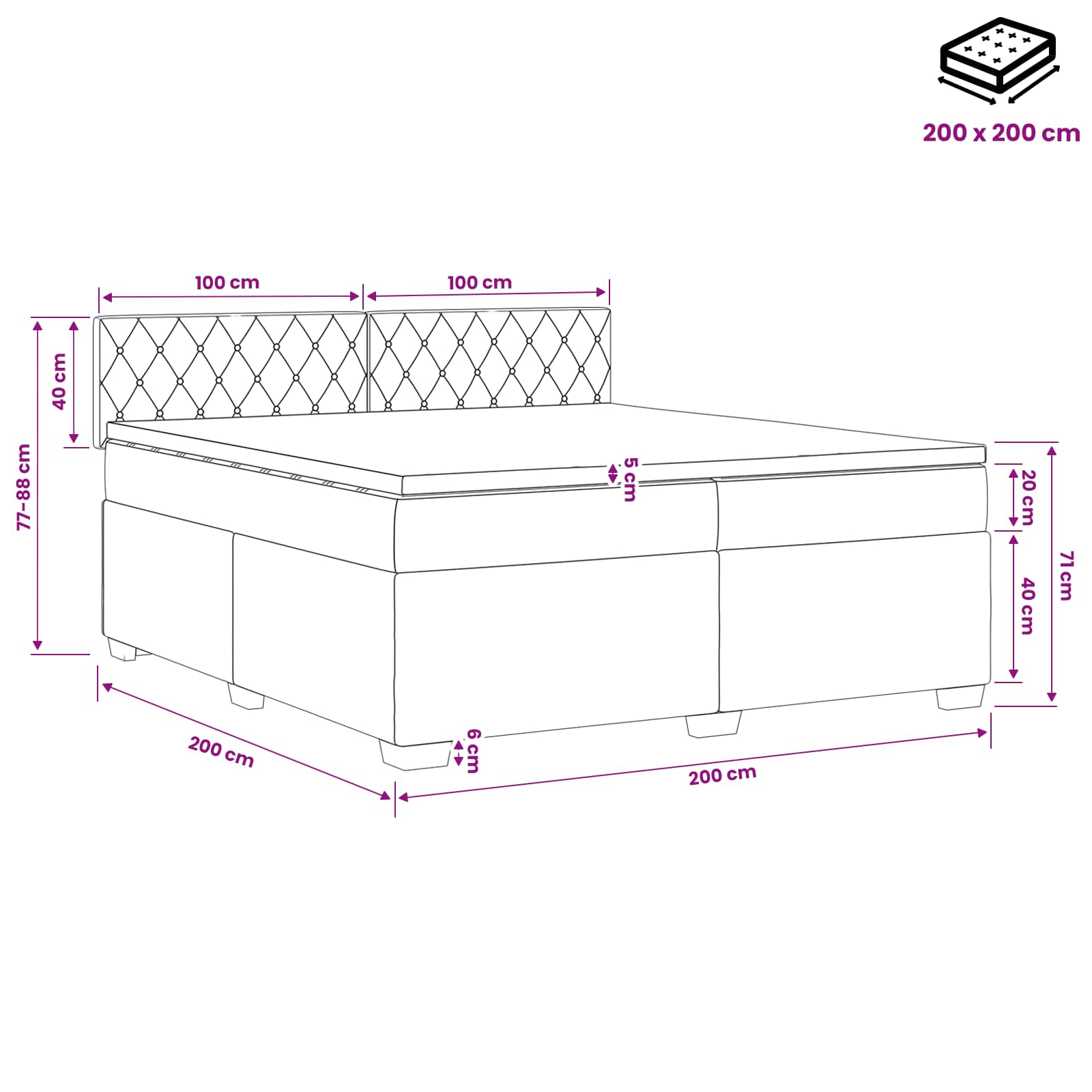 Κρεβάτι box spring με στρώμα Σκούρο Γκρι 200 x 200 cm Βελούδο - Pakobazaar