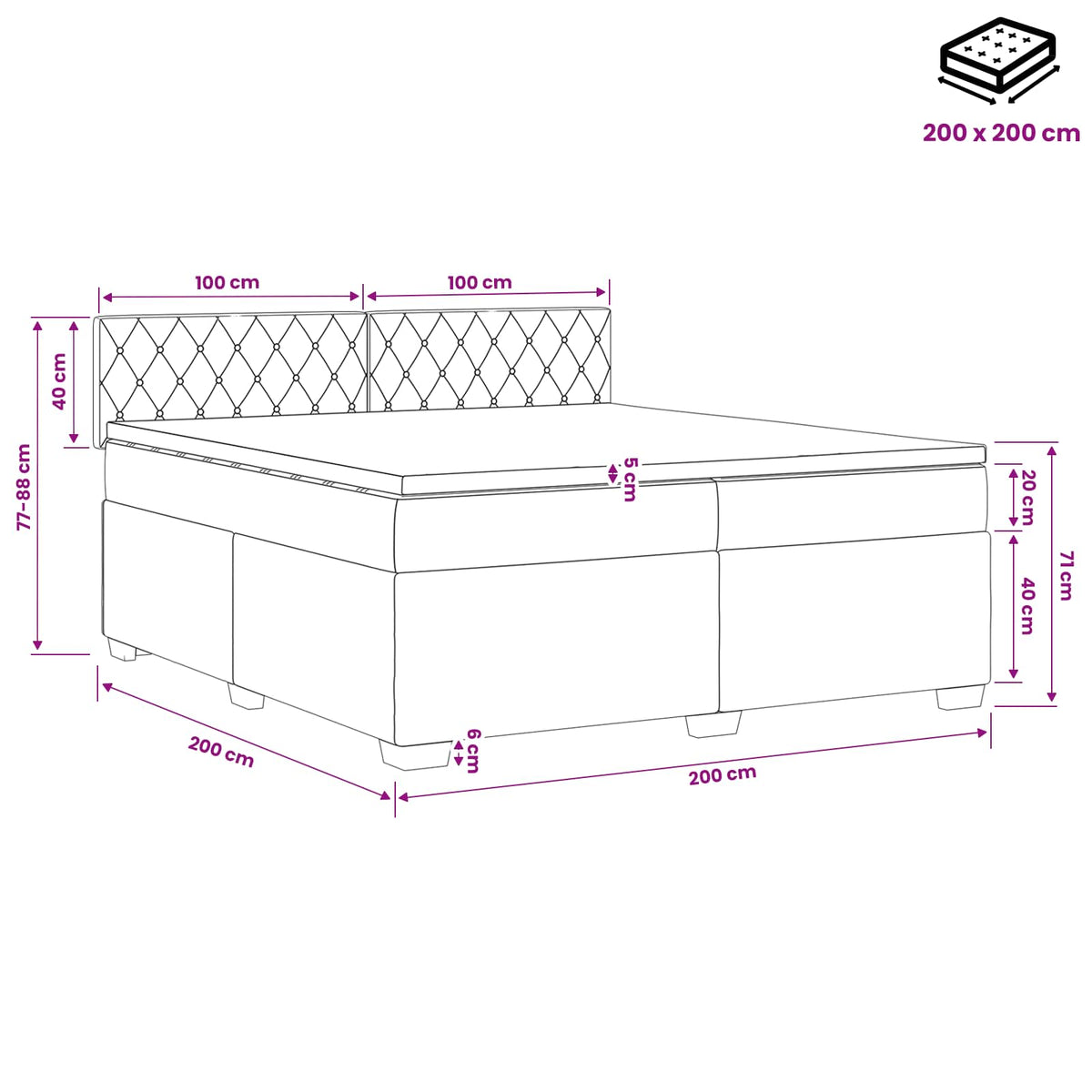 Κρεβάτι box spring με στρώμα Μαύρο 200 x 200 cm Βελούδο - Pakobazaar
