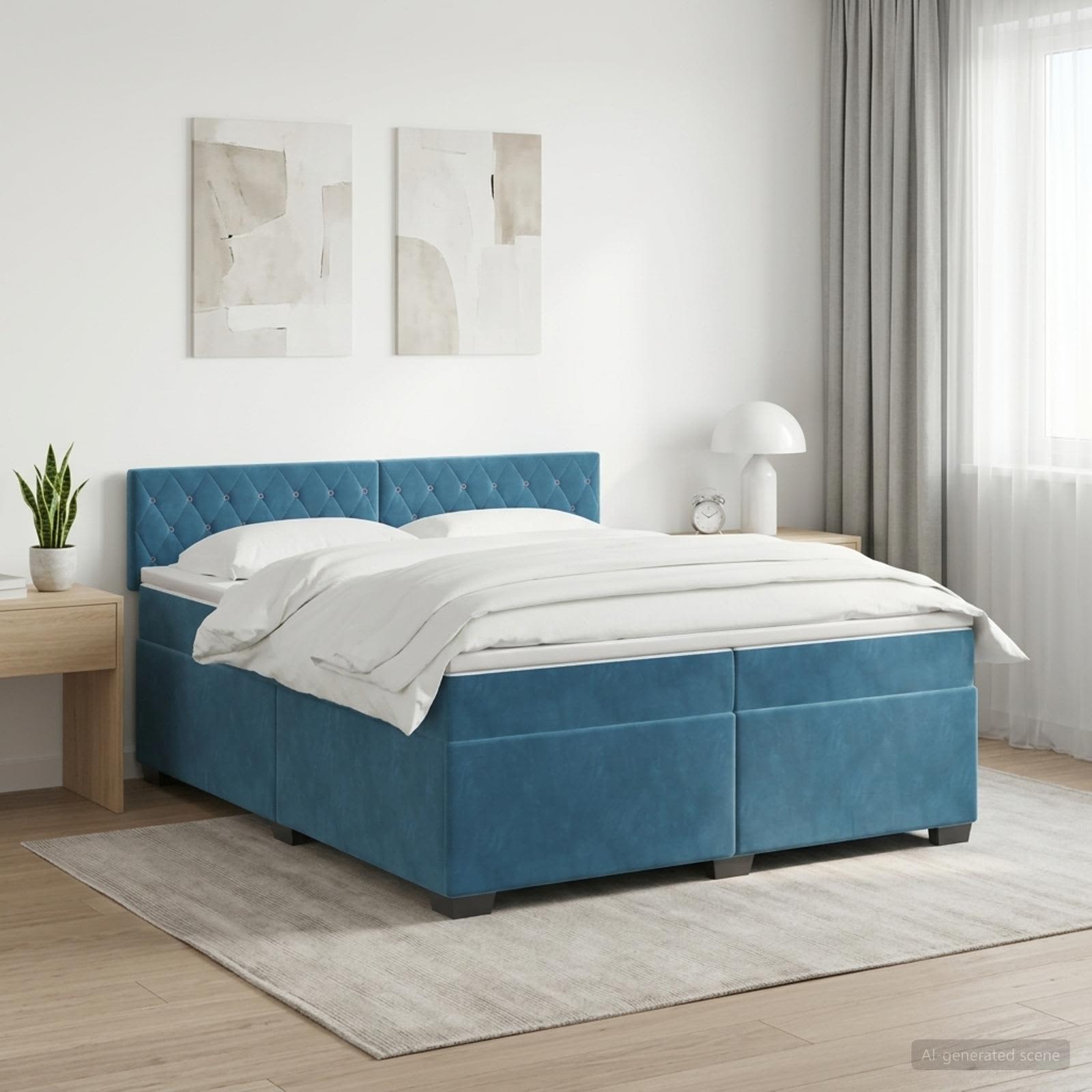 Κρεβάτι box spring με στρώμα Σκούρο Μπλε 200 x 200 cm Βελούδο - Pakobazaar