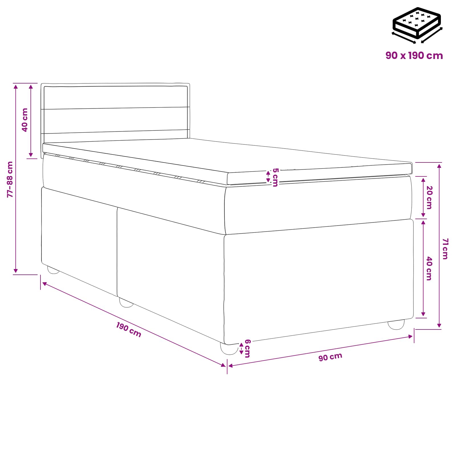 Κρεβάτι box spring με στρώμα Σκούρο Γκρι 90 x 190 cm Ύφασμα - Pakobazaar