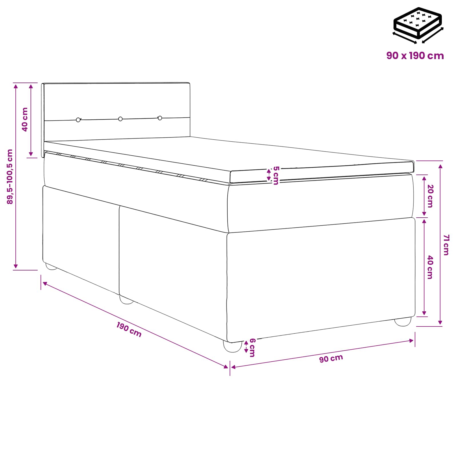 Κρεβάτι box spring με στρώμα Σκούρο Γκρι 90 x 190 cm Ύφασμα