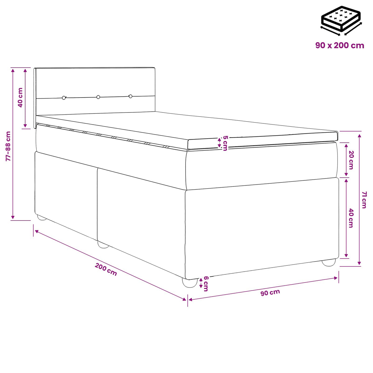 Κρεβάτι box spring με στρώμα Κρεμ 90 x 200 cm Ύφασμα - Pakobazaar