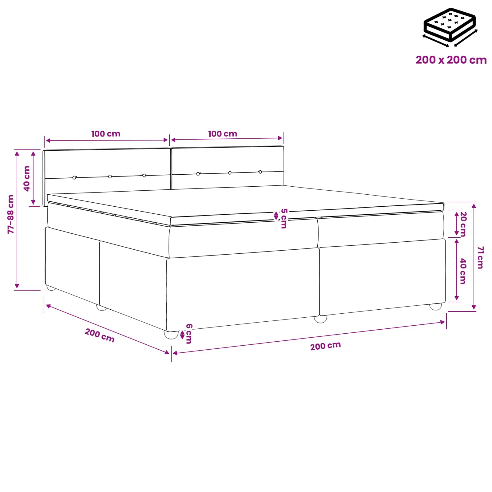 Κρεβάτι box spring με στρώμα Μαύρο 200 x 200 cm Ύφασμα - Pakobazaar