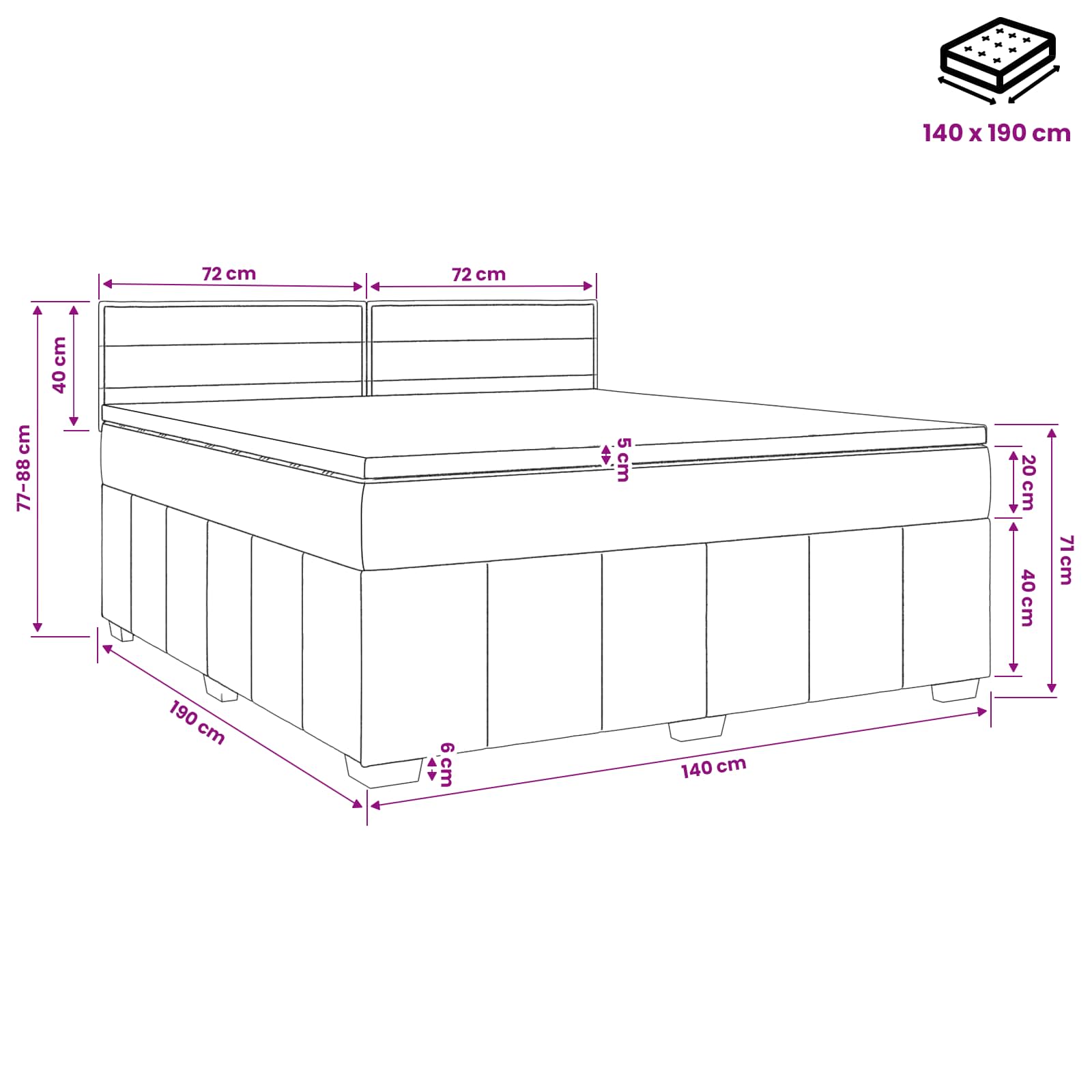 Κρεβάτι box spring με στρώμα Μαύρο 140 x 190 cm Ύφασμα