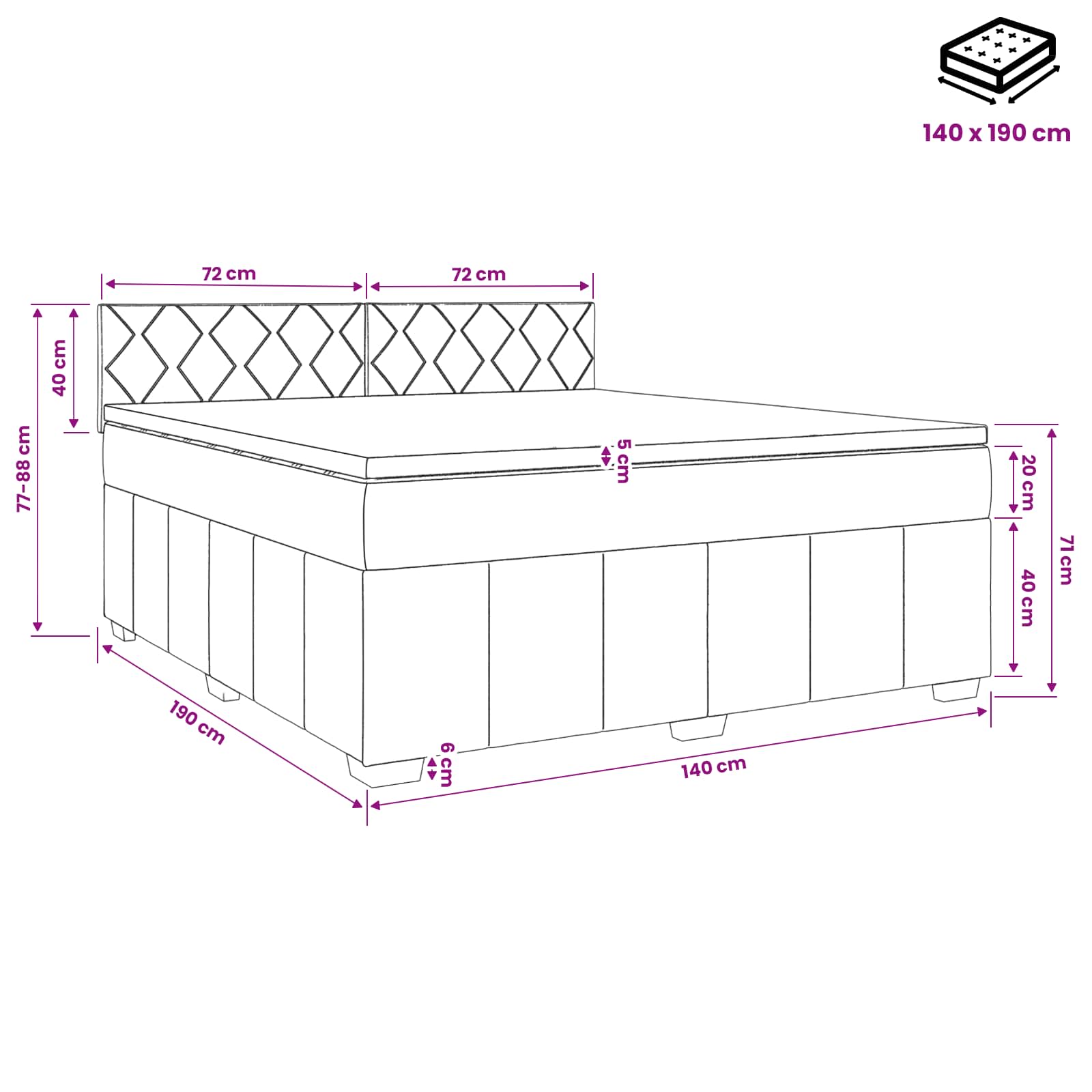 Κρεβάτι box spring με στρώμα Σκούρο Γκρι 140 x 190 cm Ύφασμα - Pakobazaar