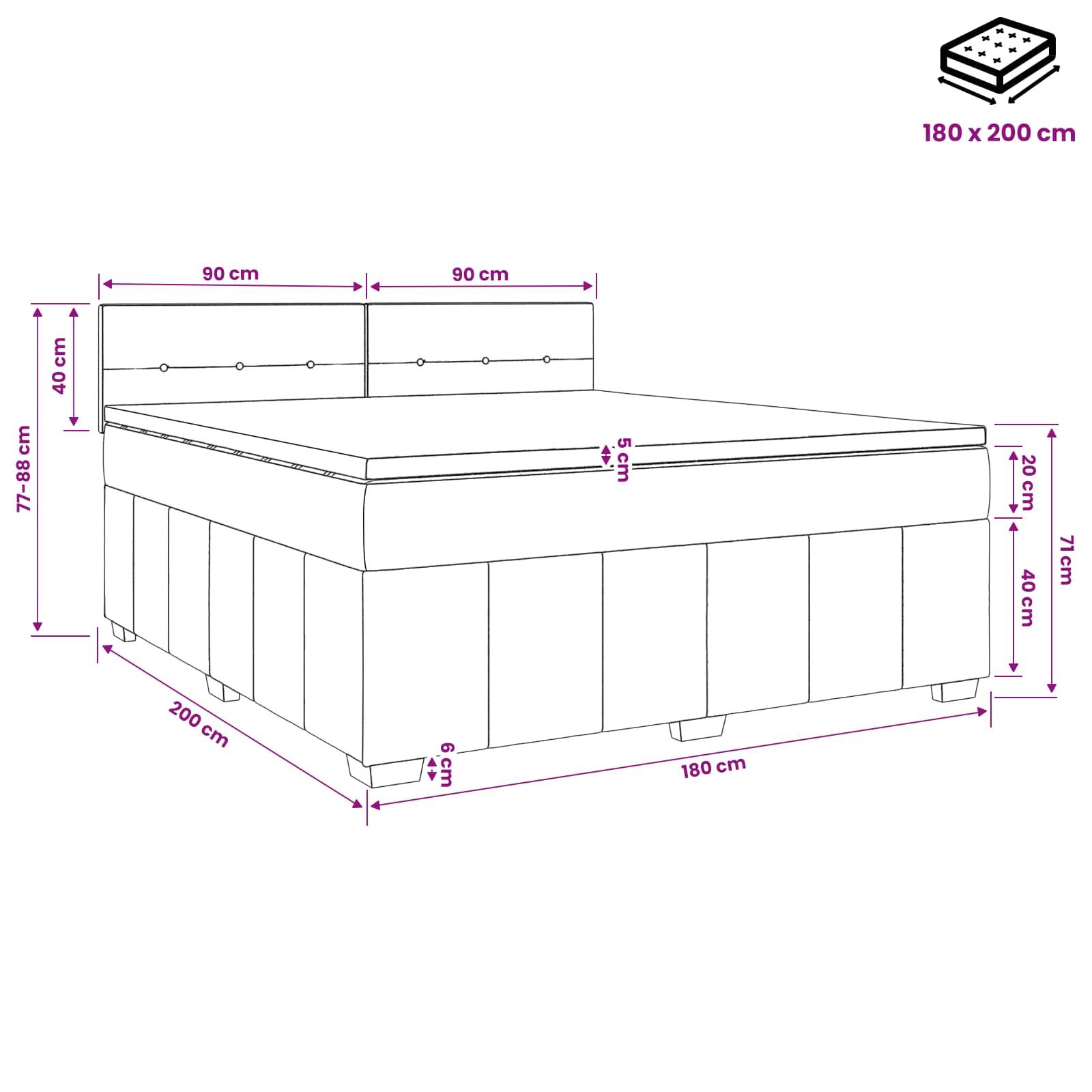 Κρεβάτι box spring με στρώμα Σκούρο Γκρι 180 x 200 cm Ύφασμα - Pakobazaar