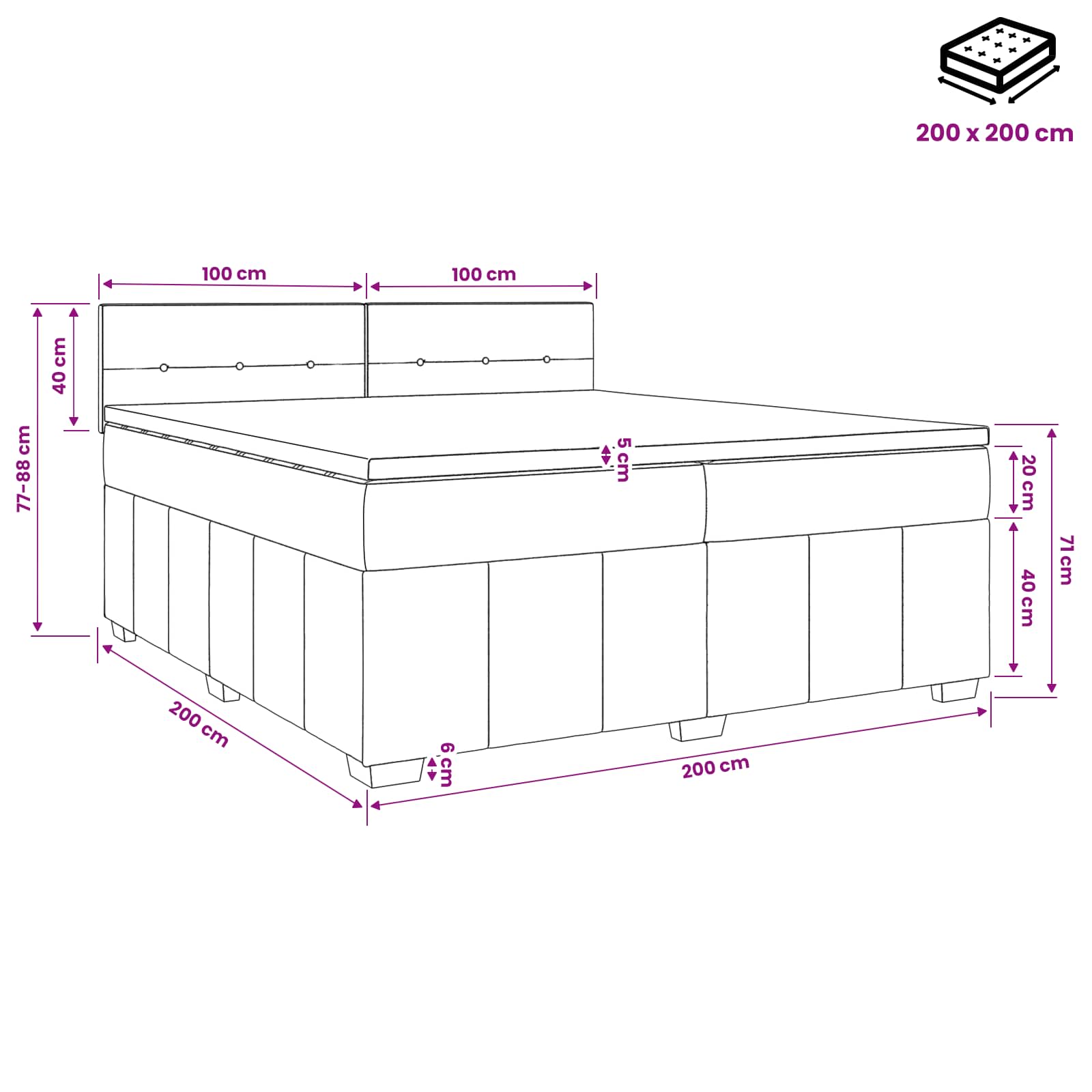 Κρεβάτι box spring με στρώμα Μαύρο 200 x 200 cm Ύφασμα - Pakobazaar