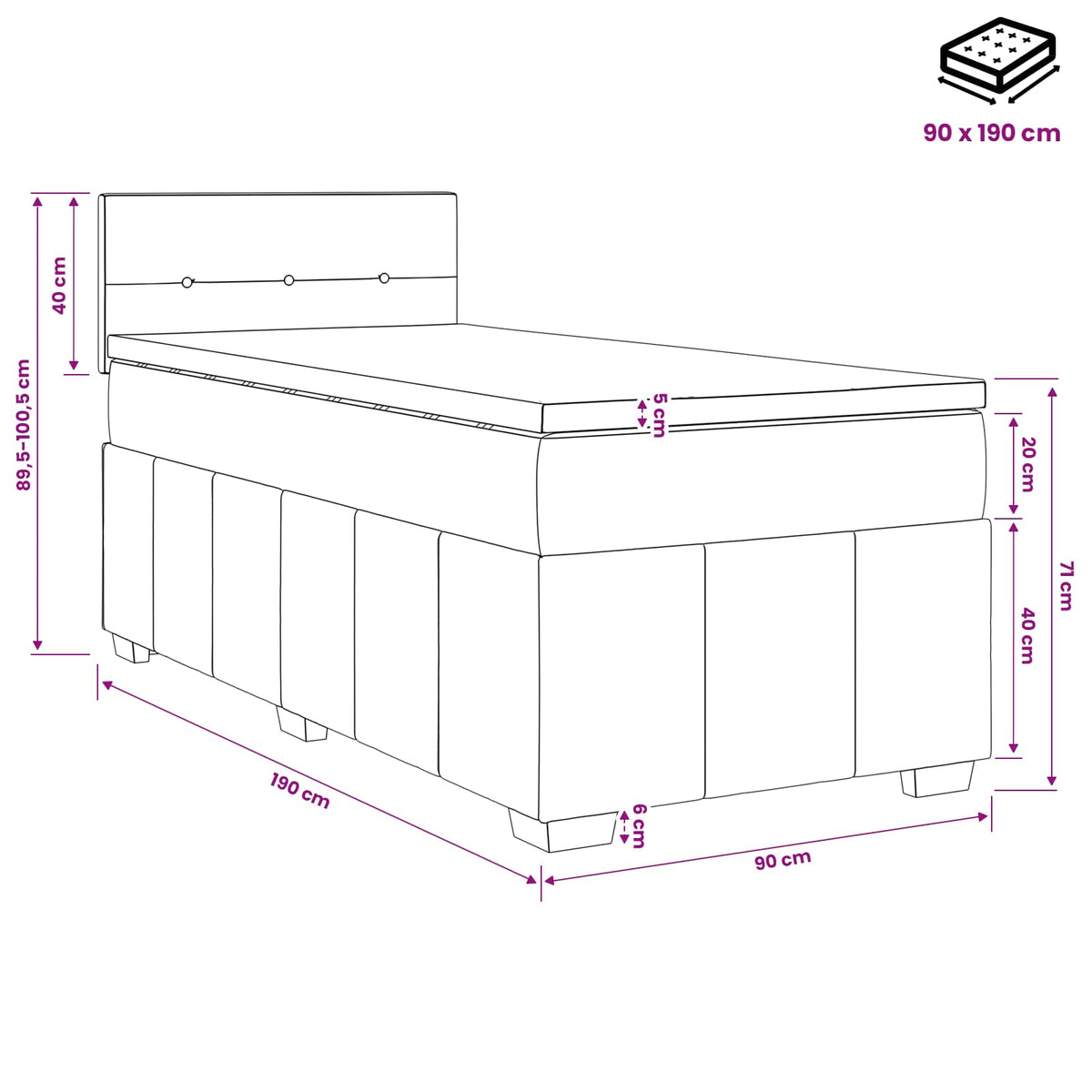Κρεβάτι box spring με στρώμα Σκούρο Γκρι 90 x 190 cm Ύφασμα - Pakobazaar
