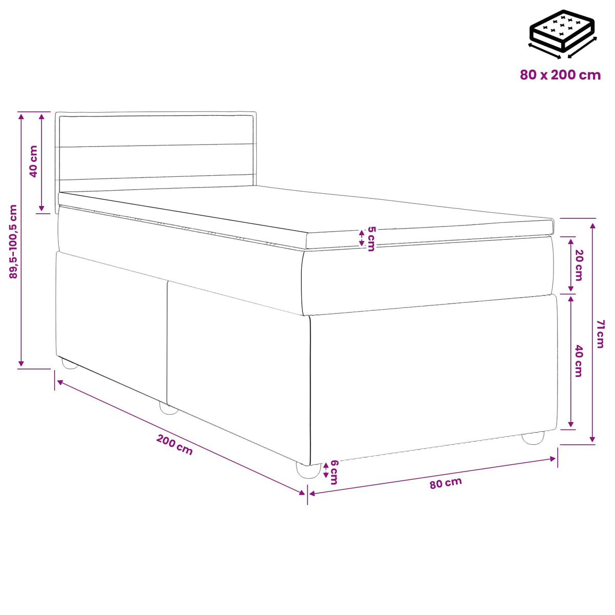 Κρεβάτι box spring με στρώμα Μπλε 80 x 200 cm Ύφασμα - Pakobazaar