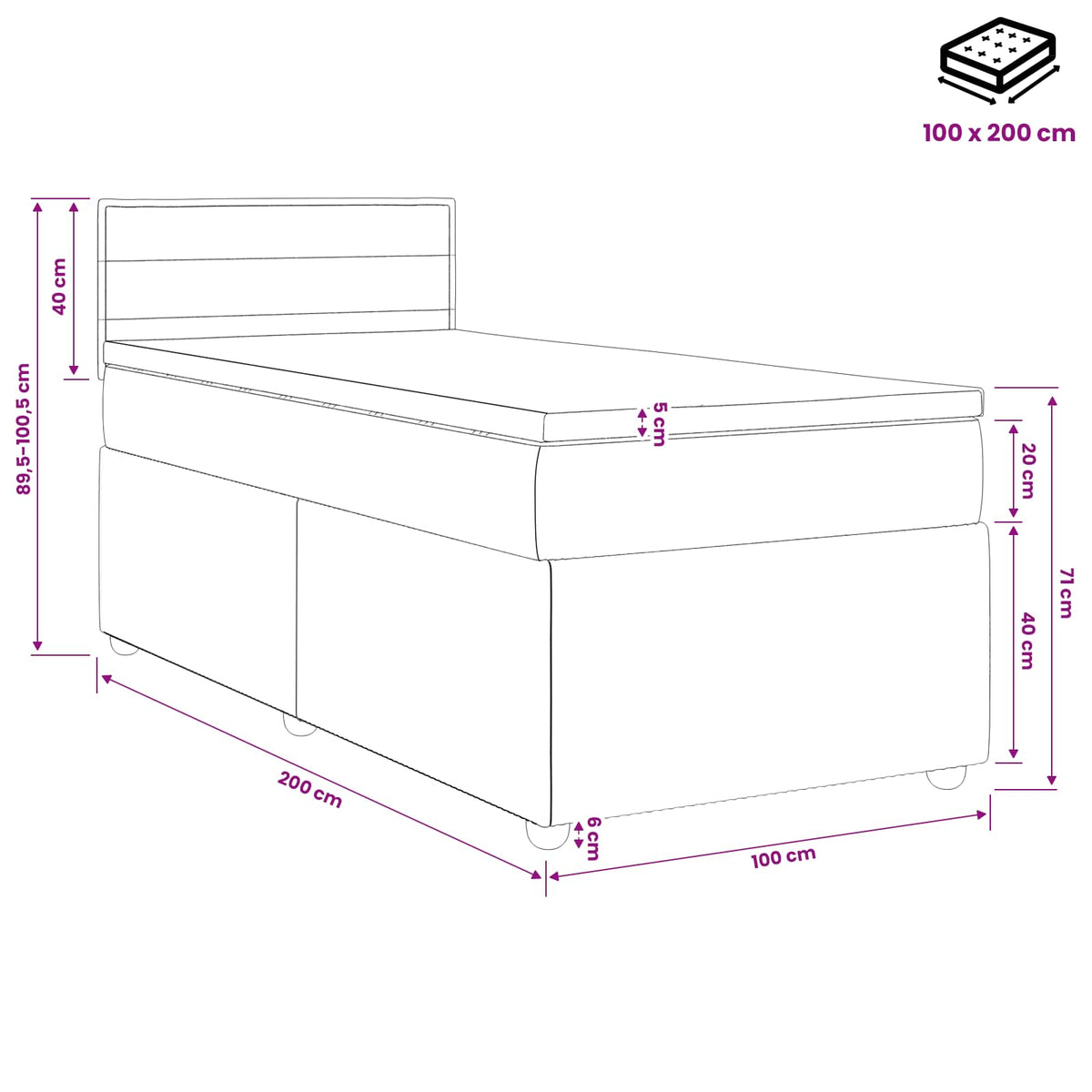 Κρεβάτι box spring με στρώμα Σκούρο Καφέ 100 x 200 cm Ύφασμα - Pakobazaar